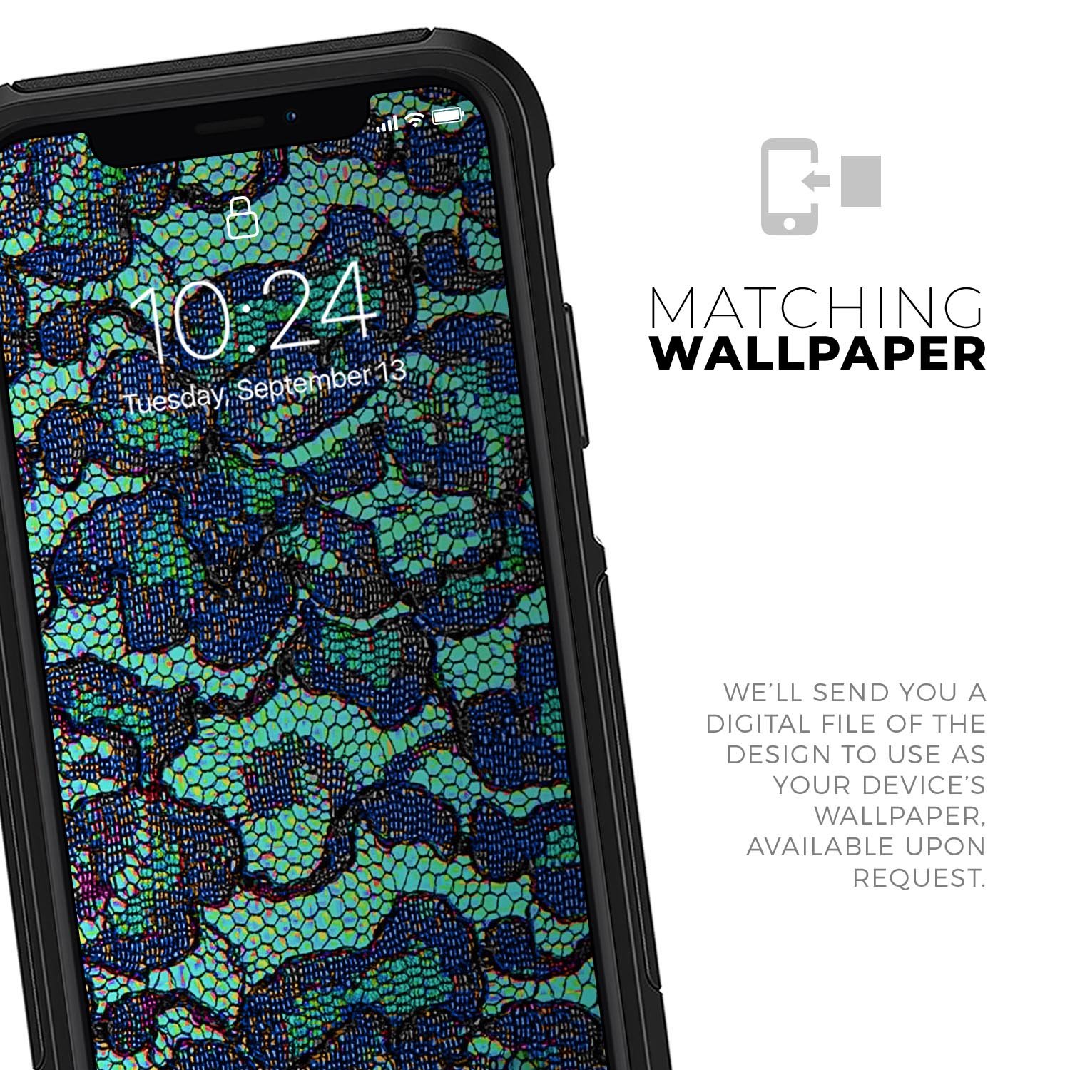 Blue and teal lace texture skin kit for iPhone OtterBox cases, showcasing a stylish design with dual-layer protection.