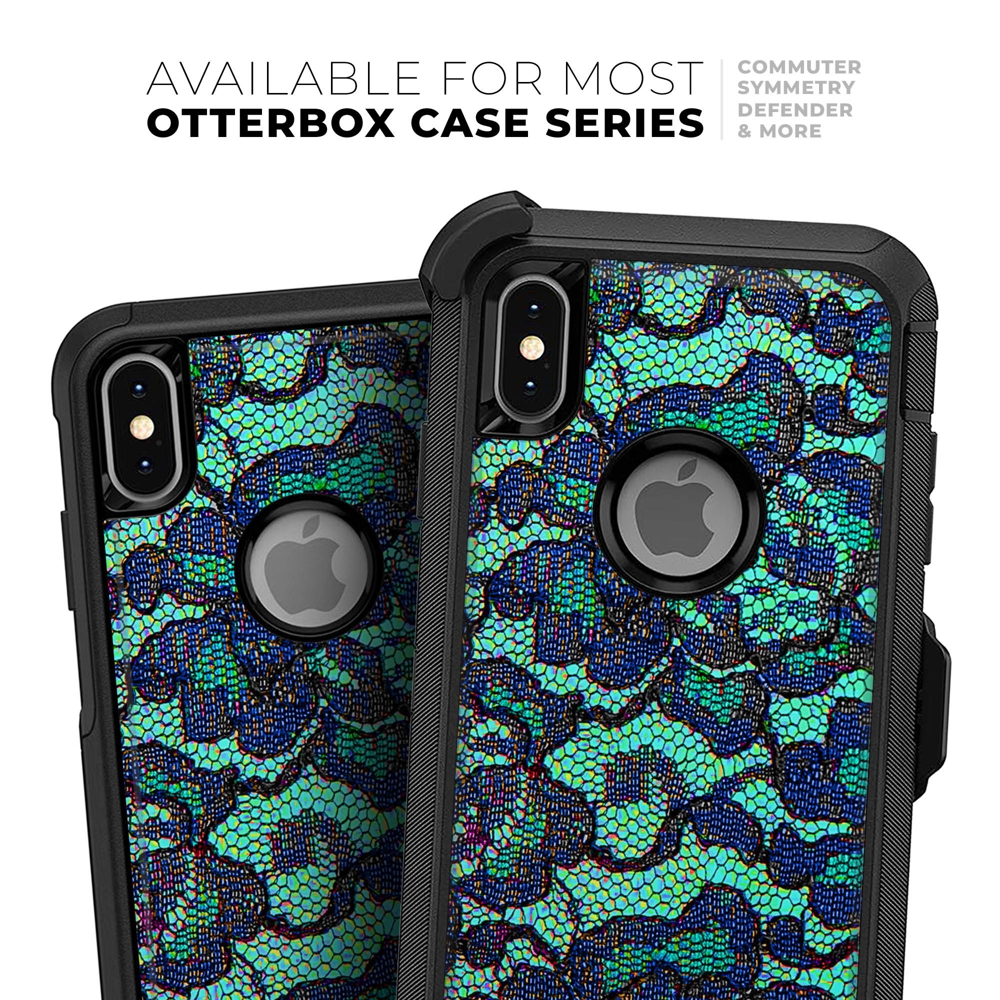 Blue and teal lace texture skin kit for iPhone OtterBox cases, showcasing a stylish design with dual-layer protection.