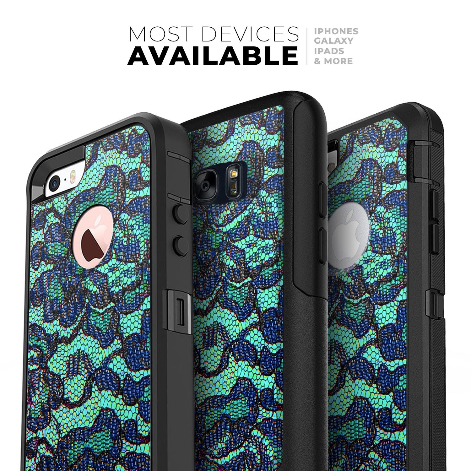 Blue and teal lace texture skin kit for iPhone OtterBox cases, showcasing a stylish design with dual-layer protection.