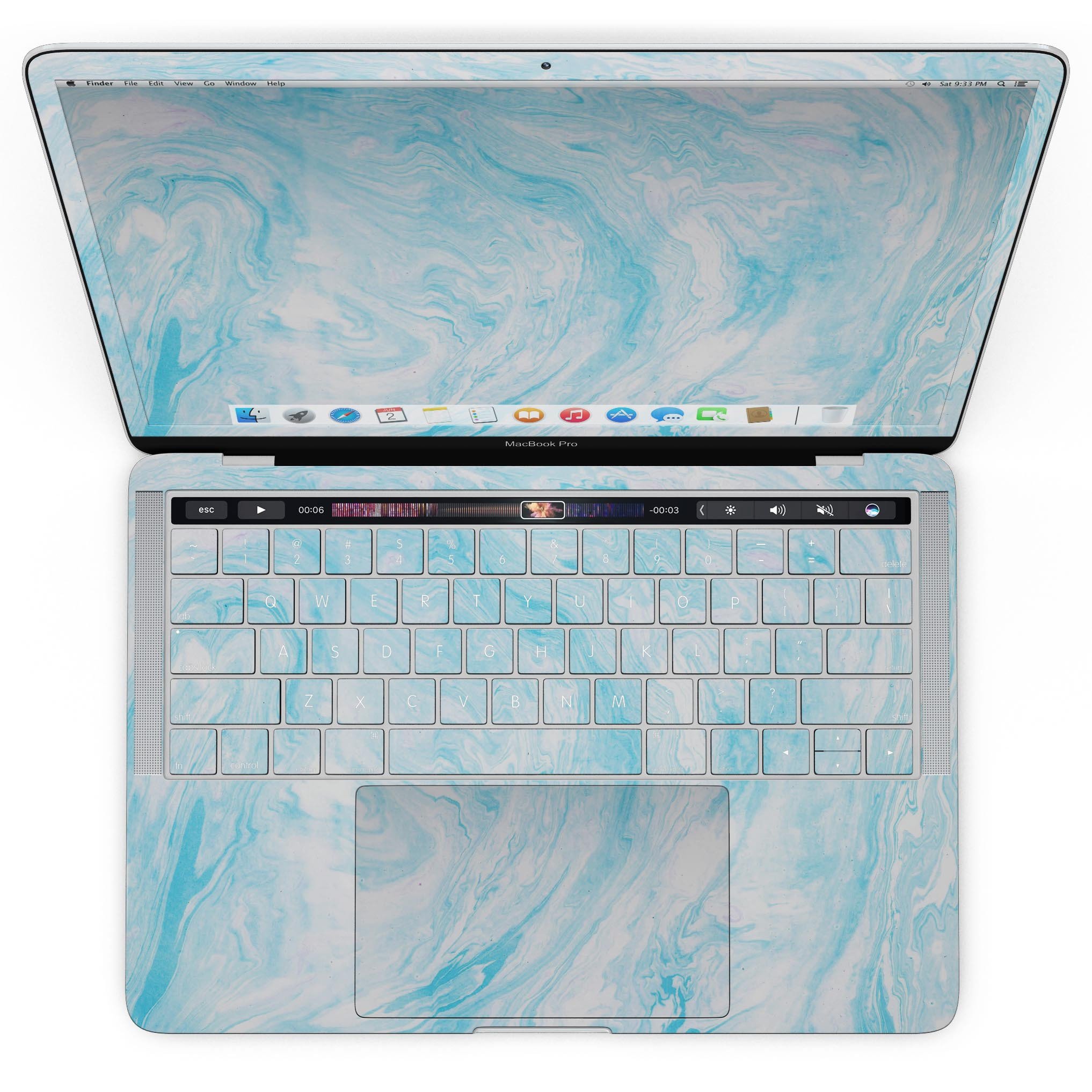 Blue Textured Marble skin applied to a MacBook Pro with Touch Bar, showcasing its stylish design and premium finish.