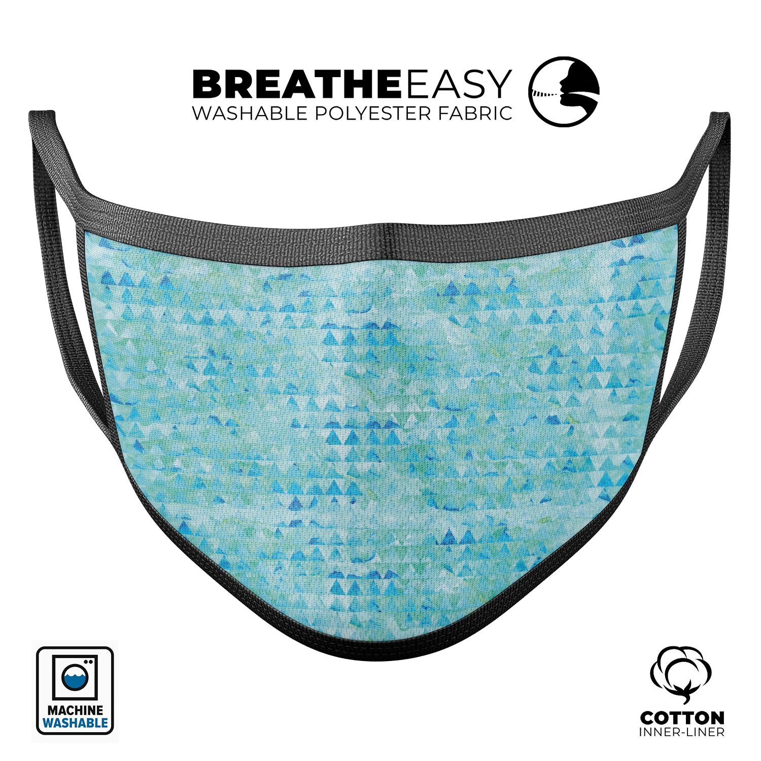 Blue textured triangle pattern mouth cover, made in USA, featuring adjustable ear loops and soft cotton interior for comfort.