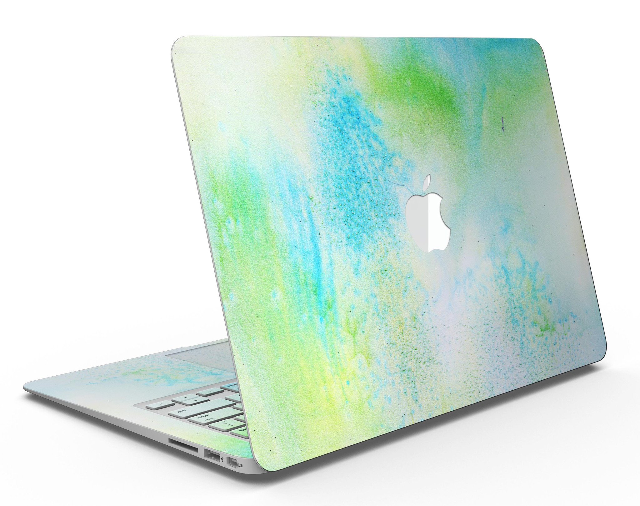 Blue to Green 4221 Absorbed Watercolor Texture skin applied to a MacBook Air, showcasing vibrant colors and sleek design.