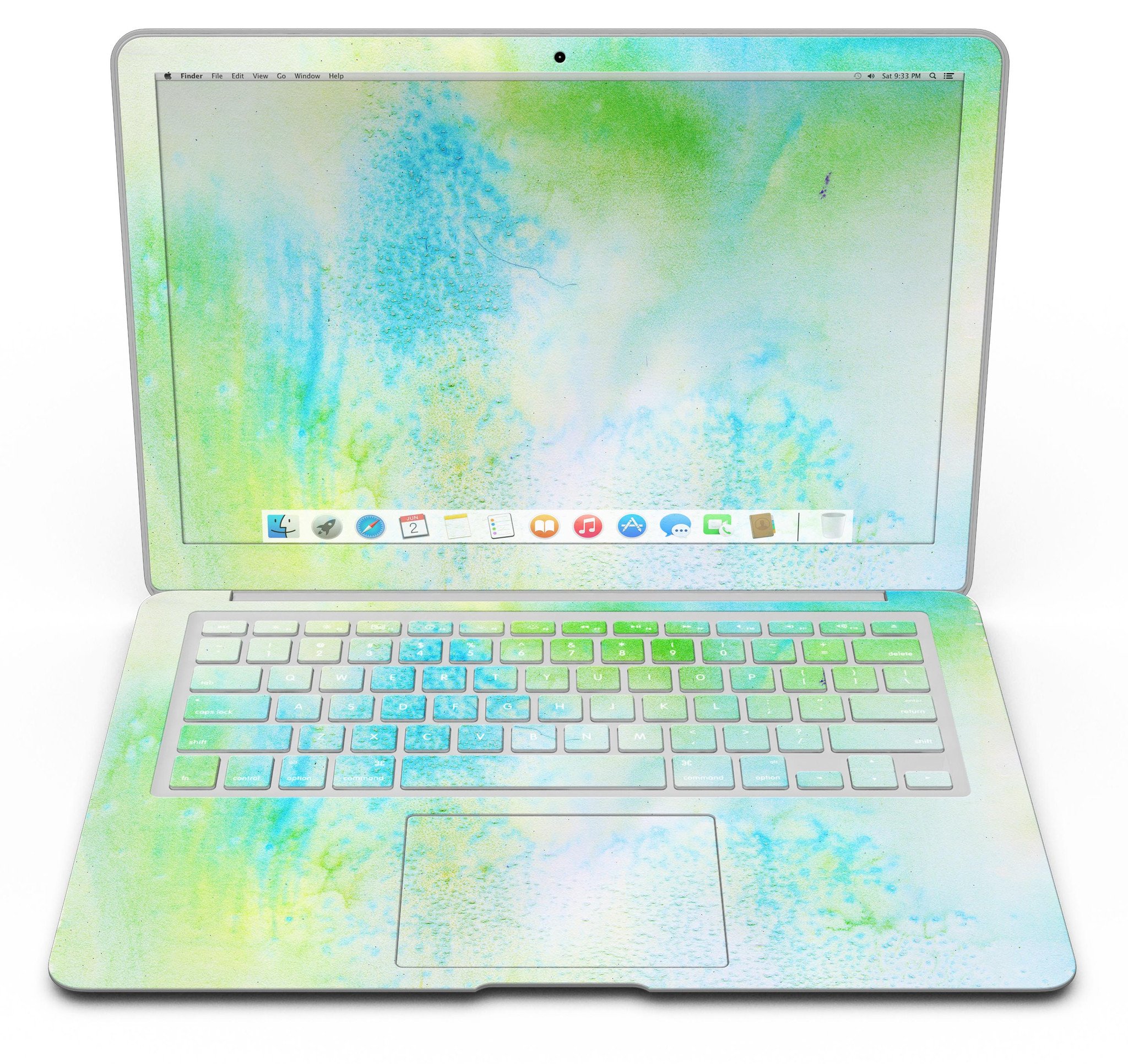 Blue to Green 4221 Absorbed Watercolor Texture skin applied to a MacBook Air, showcasing vibrant colors and sleek design.