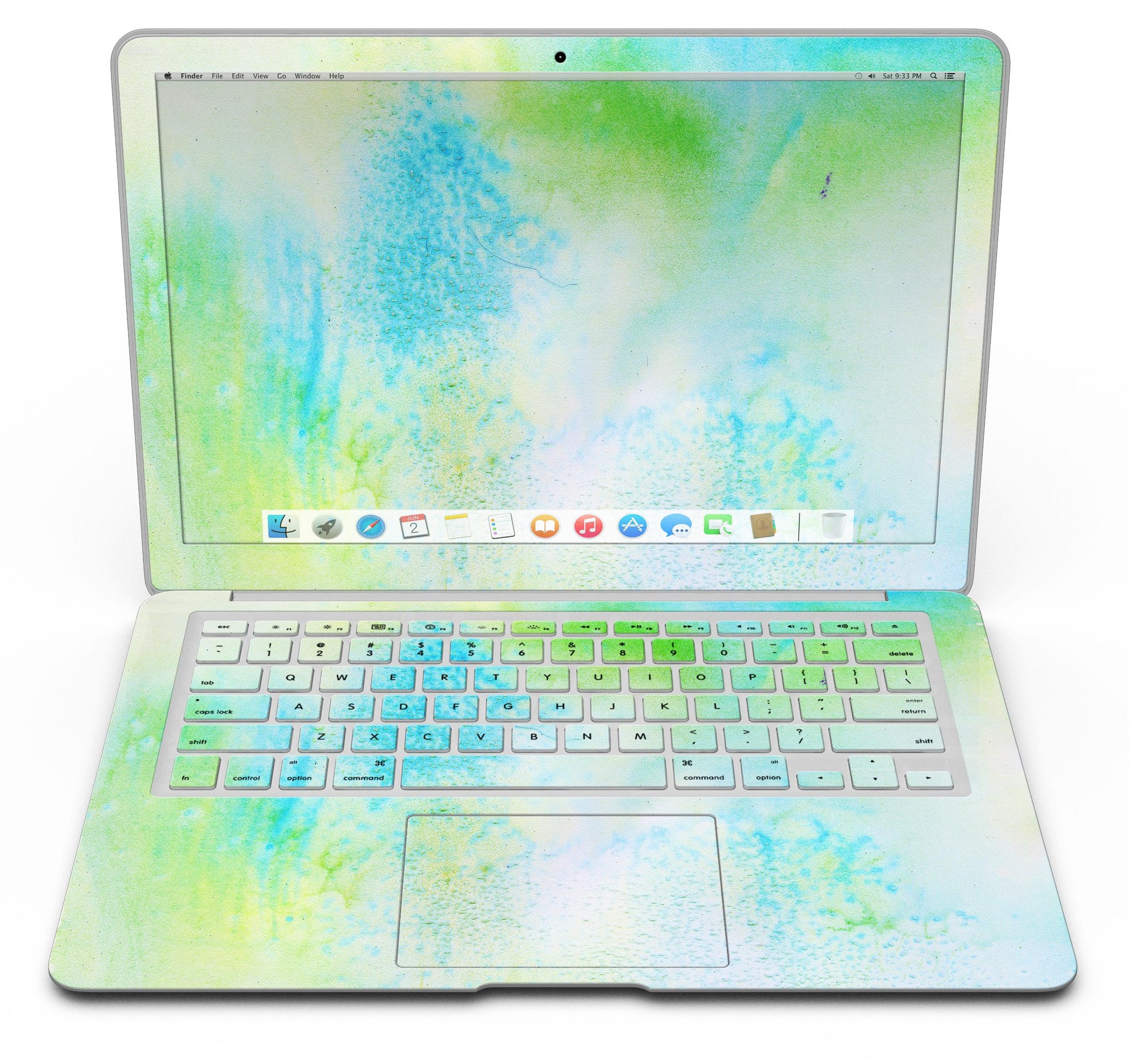 Blue to Green 4221 Absorbed Watercolor Texture skin applied to a MacBook Air, showcasing vibrant colors and sleek design.