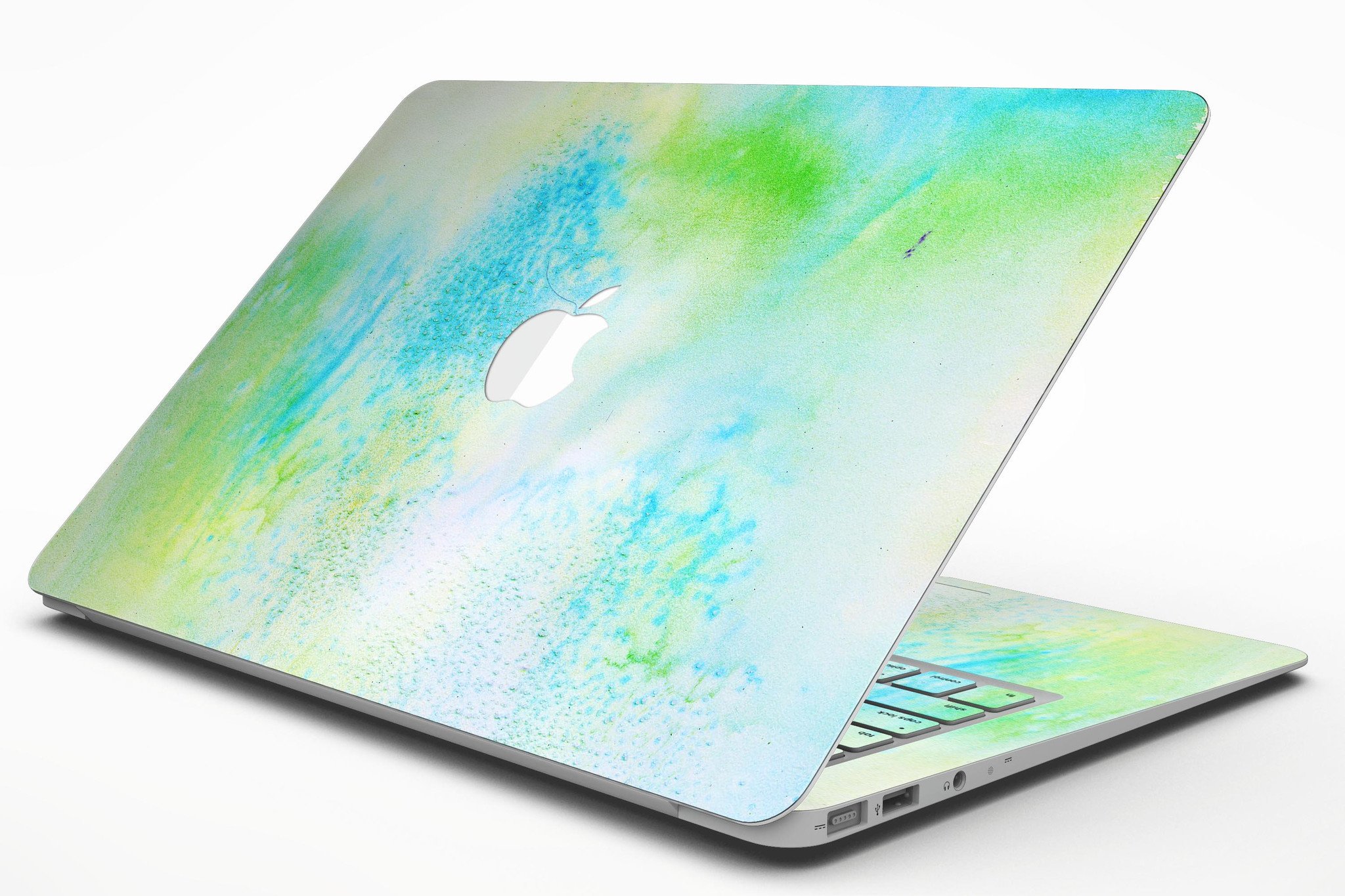 Blue to Green 4221 Absorbed Watercolor Texture skin applied to a MacBook Air, showcasing vibrant colors and sleek design.