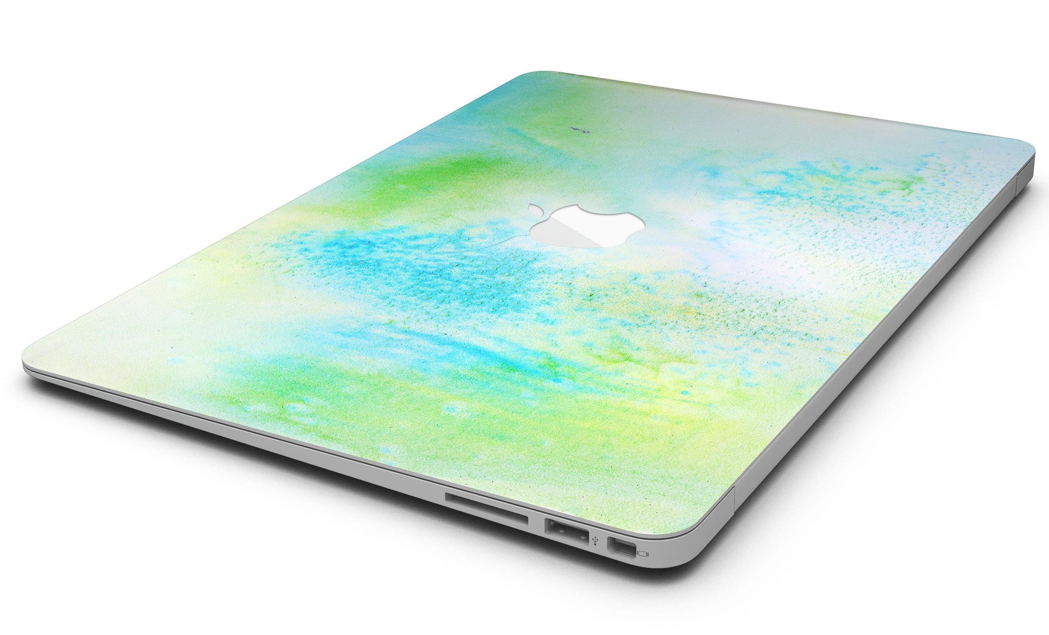 Blue to Green 4221 Absorbed Watercolor Texture skin applied to a MacBook Air, showcasing vibrant colors and sleek design.