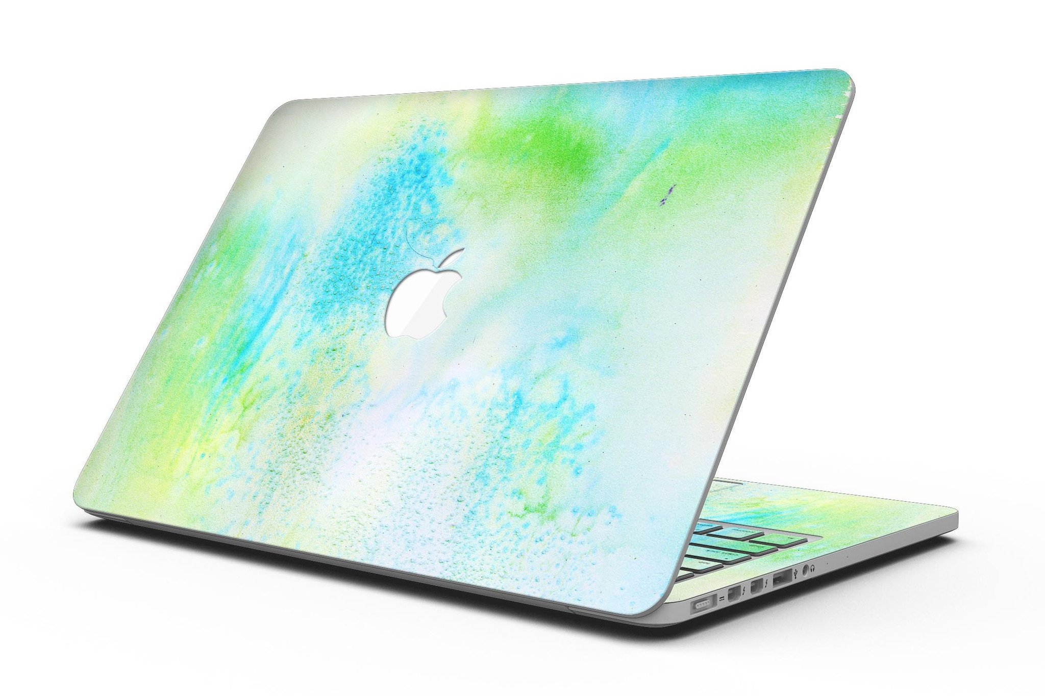 Blue to Green 4221 Absorbed Watercolor Texture skin applied to a MacBook Pro, showcasing vibrant colors and artistic design.