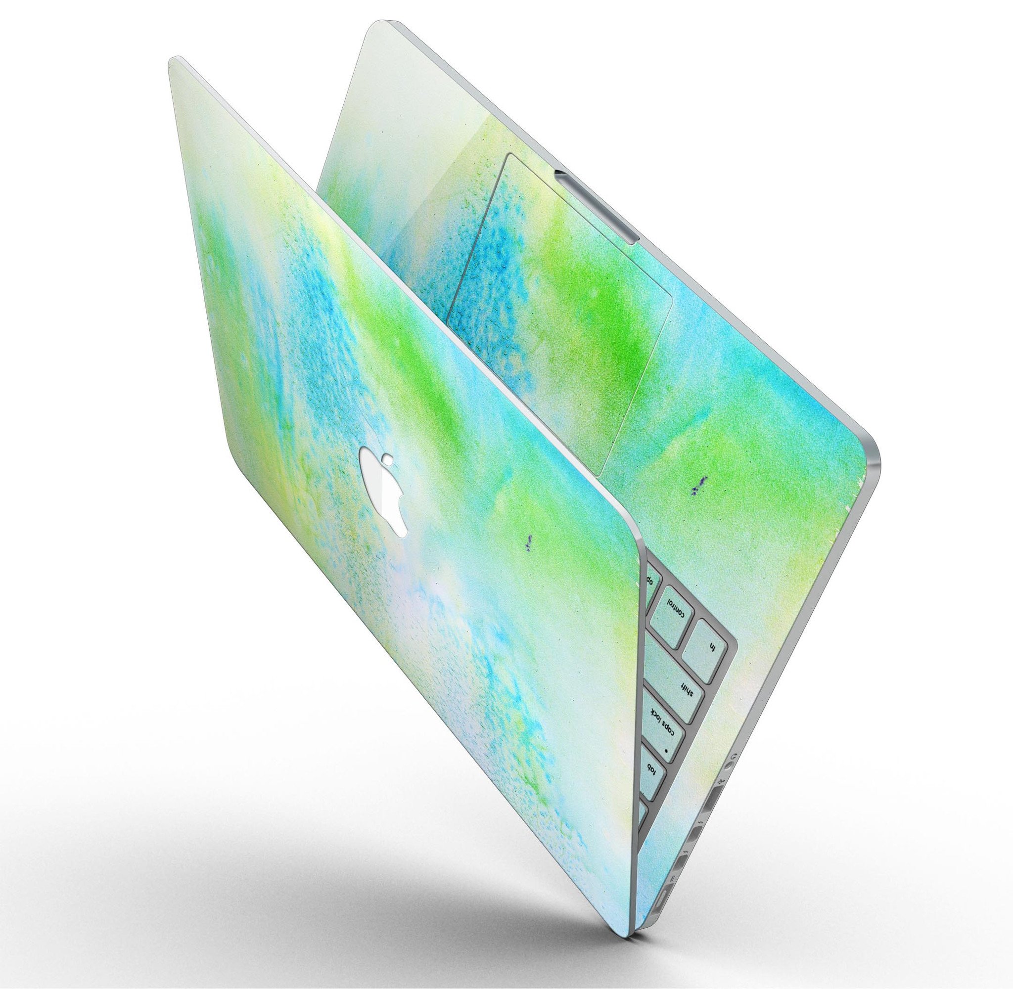 Blue to Green 4221 Absorbed Watercolor Texture skin applied to a MacBook Pro, showcasing vibrant colors and artistic design.