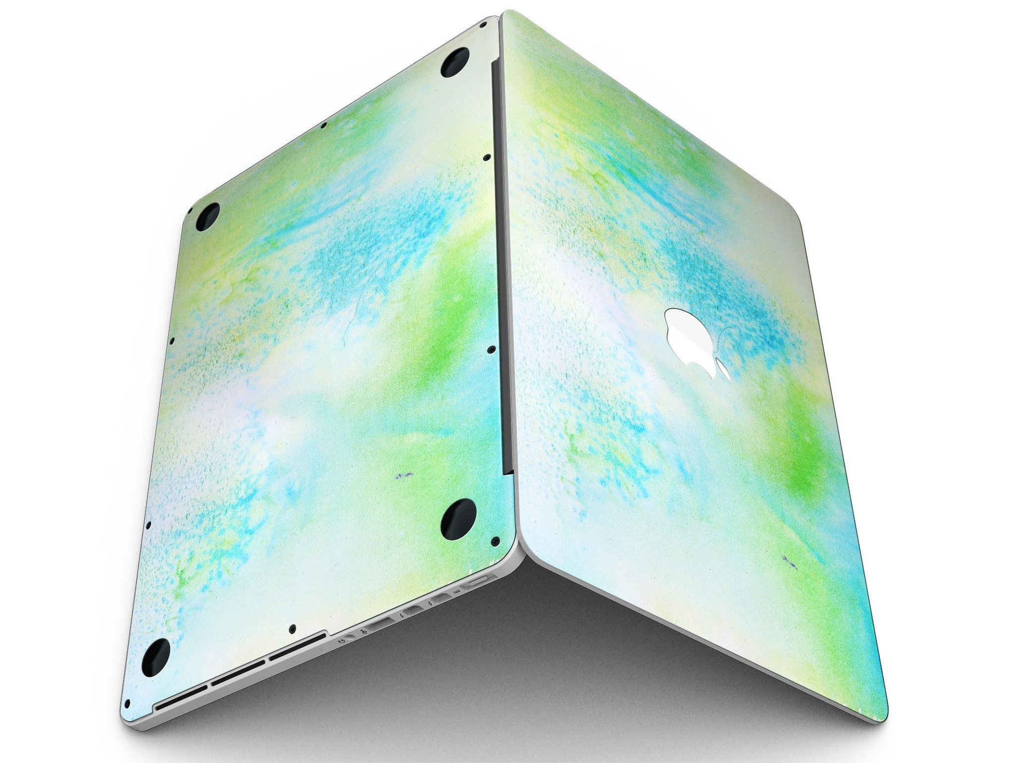 Blue to Green 4221 Absorbed Watercolor Texture skin applied to a MacBook Pro, showcasing vibrant colors and artistic design.