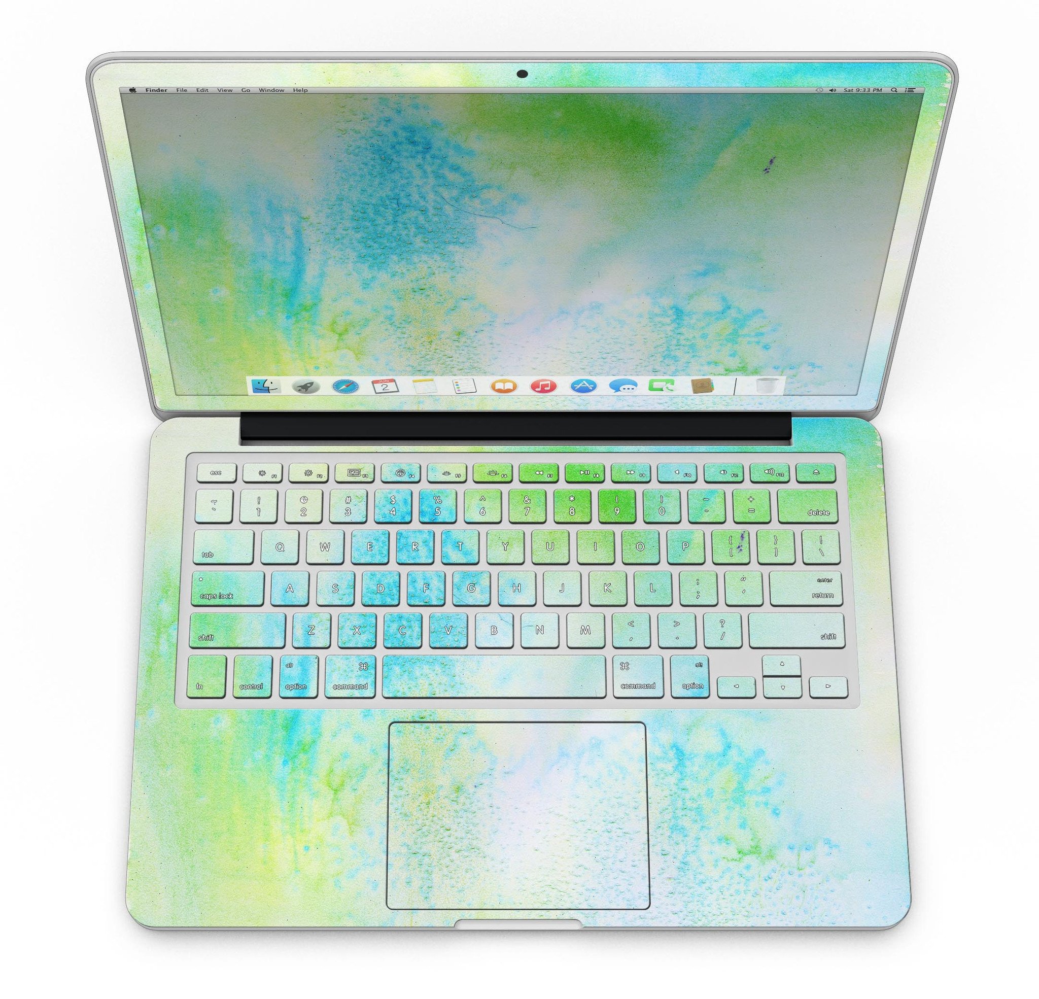 Blue to Green 4221 Absorbed Watercolor Texture skin applied to a MacBook Pro, showcasing vibrant colors and artistic design.