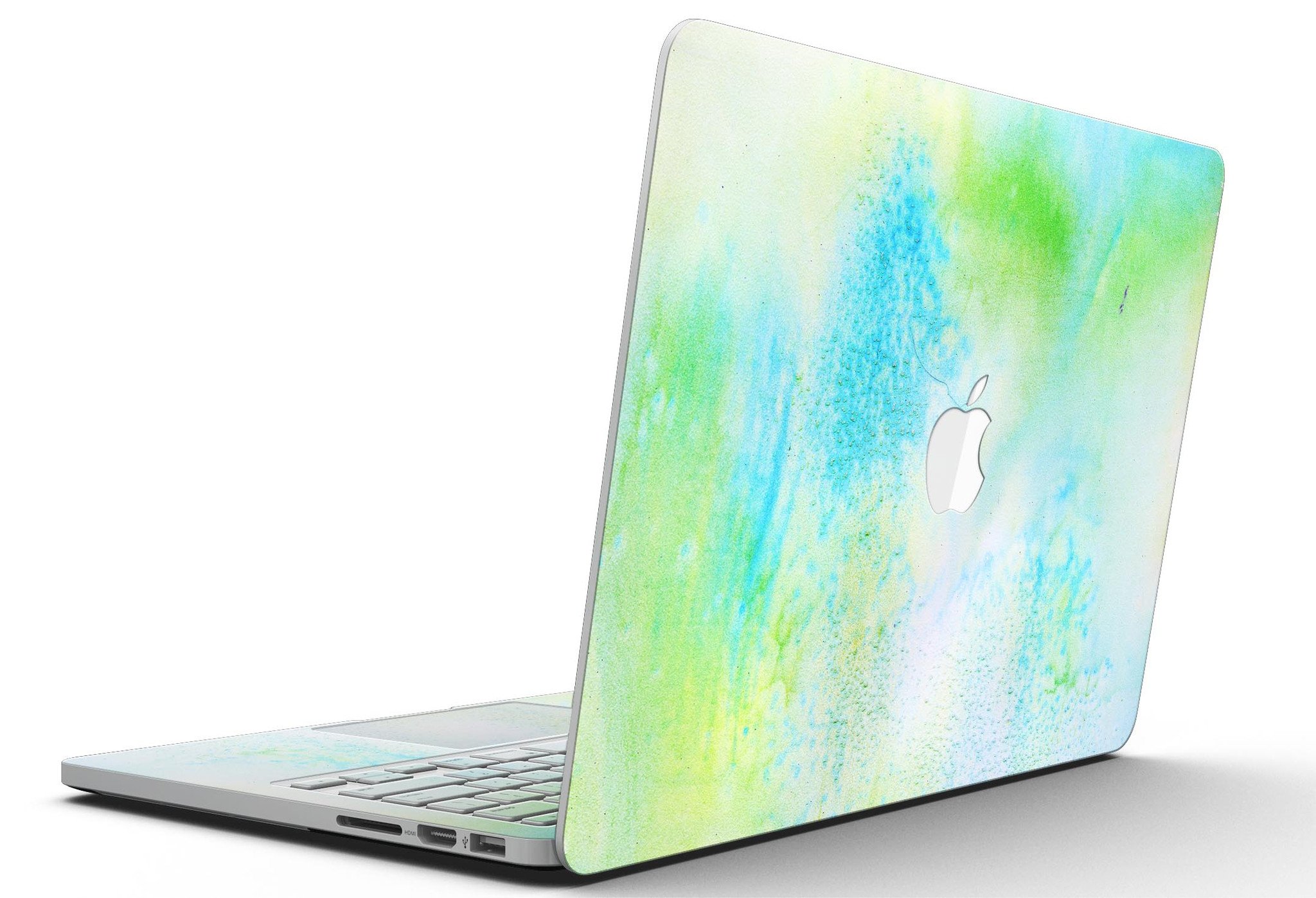 Blue to Green 4221 Absorbed Watercolor Texture skin applied to a MacBook Pro, showcasing vibrant colors and artistic design.