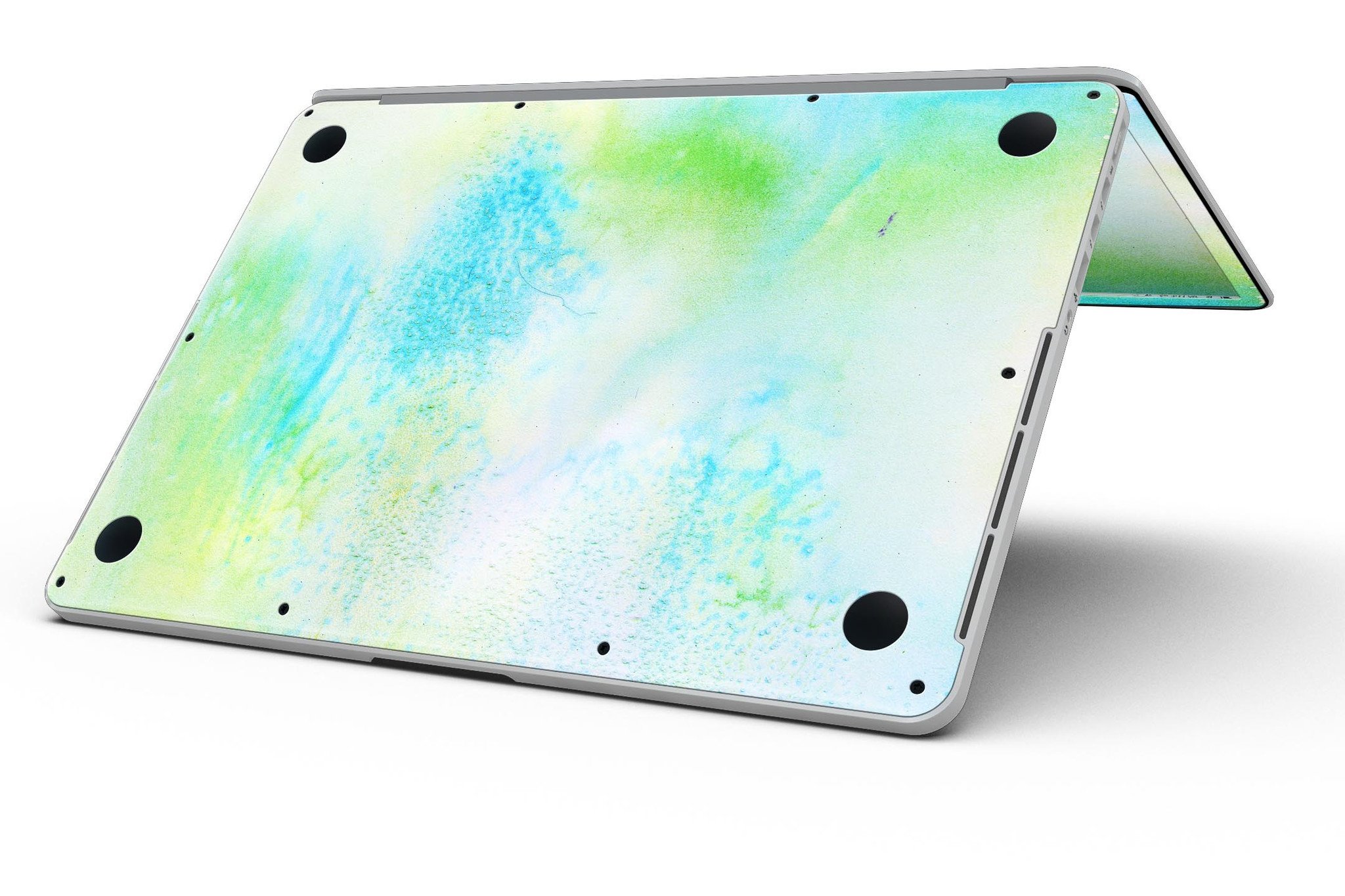 Blue to Green 4221 Absorbed Watercolor Texture skin applied to a MacBook Pro, showcasing vibrant colors and artistic design.