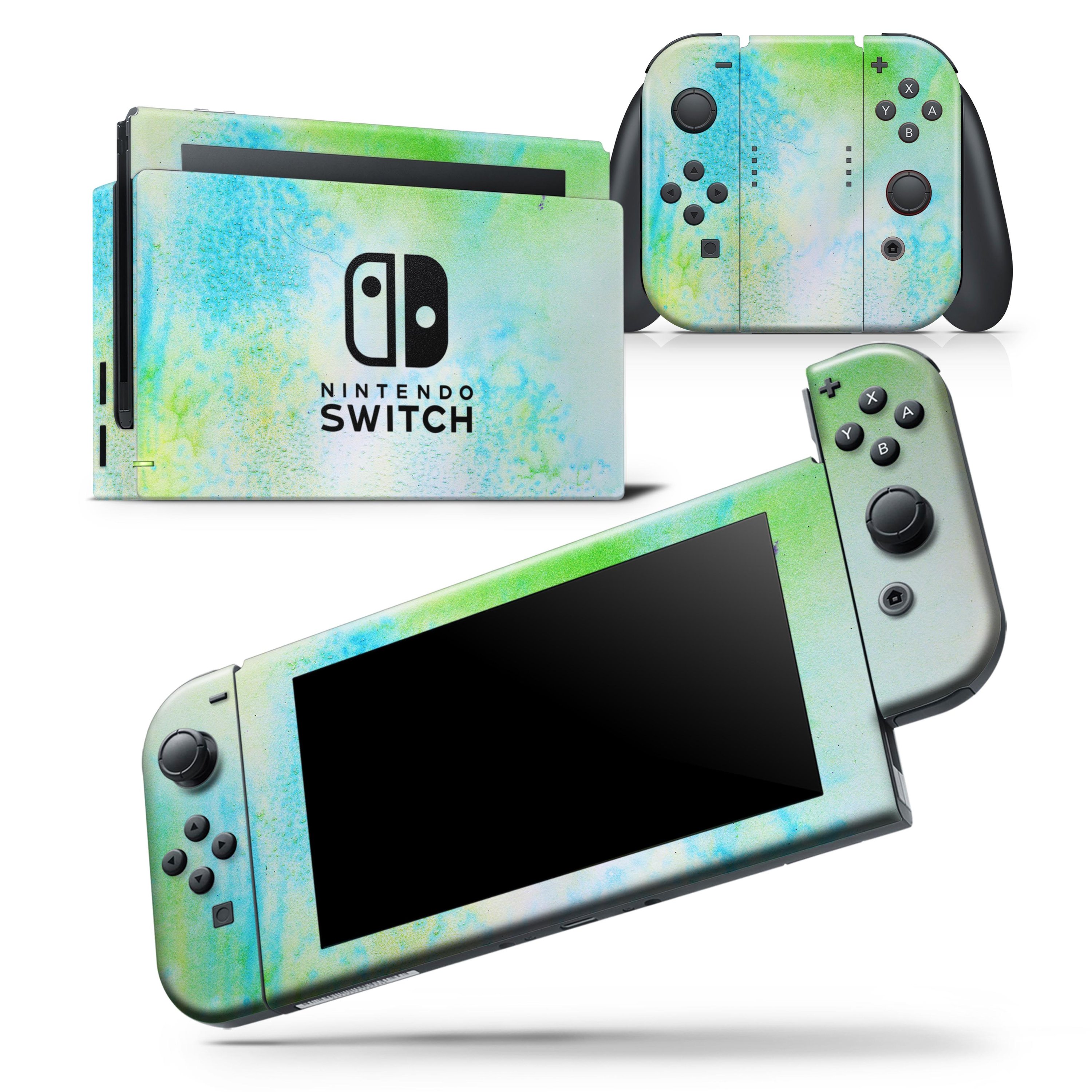 Blue to Green 4221 Absorbed Watercolor Texture Skin Wrap Decal for Nintendo Switch, showcasing vibrant colors and a sleek design.