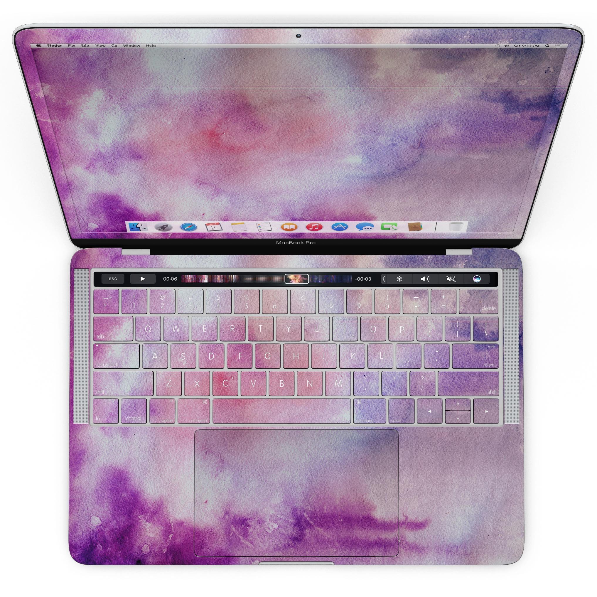 Blue to Purps Absorbed Watercolor Texture skin for MacBook Pro with Touch Bar, showcasing vibrant colors and a sleek design.