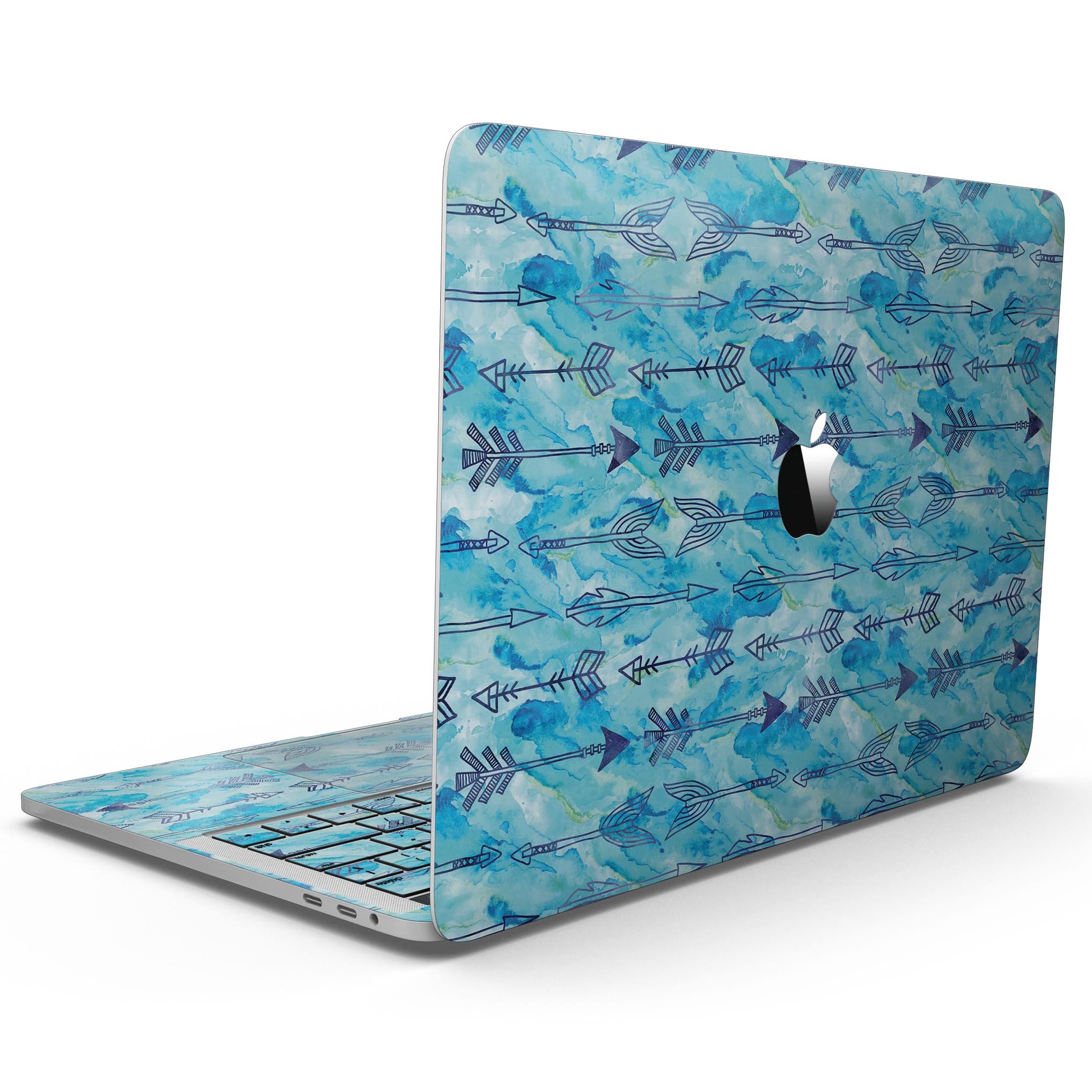 Blue Tribal Arrow Pattern skin for 13" MacBook Pro without Touch Bar, showcasing vibrant tribal design on premium vinyl.