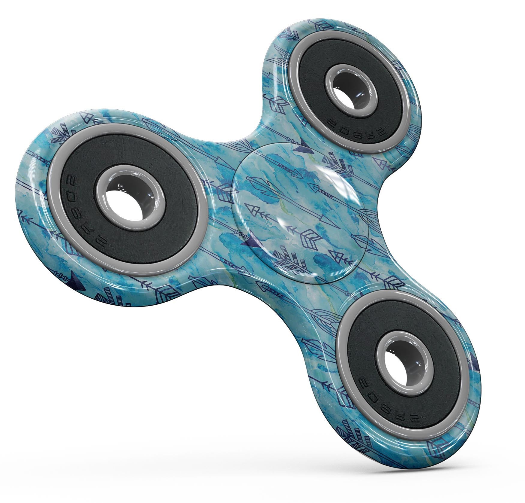 Blue Tribal Arrow Pattern Full-Body Fidget Spinner Skin-Kit showcasing vibrant tribal design on premium vinyl material.