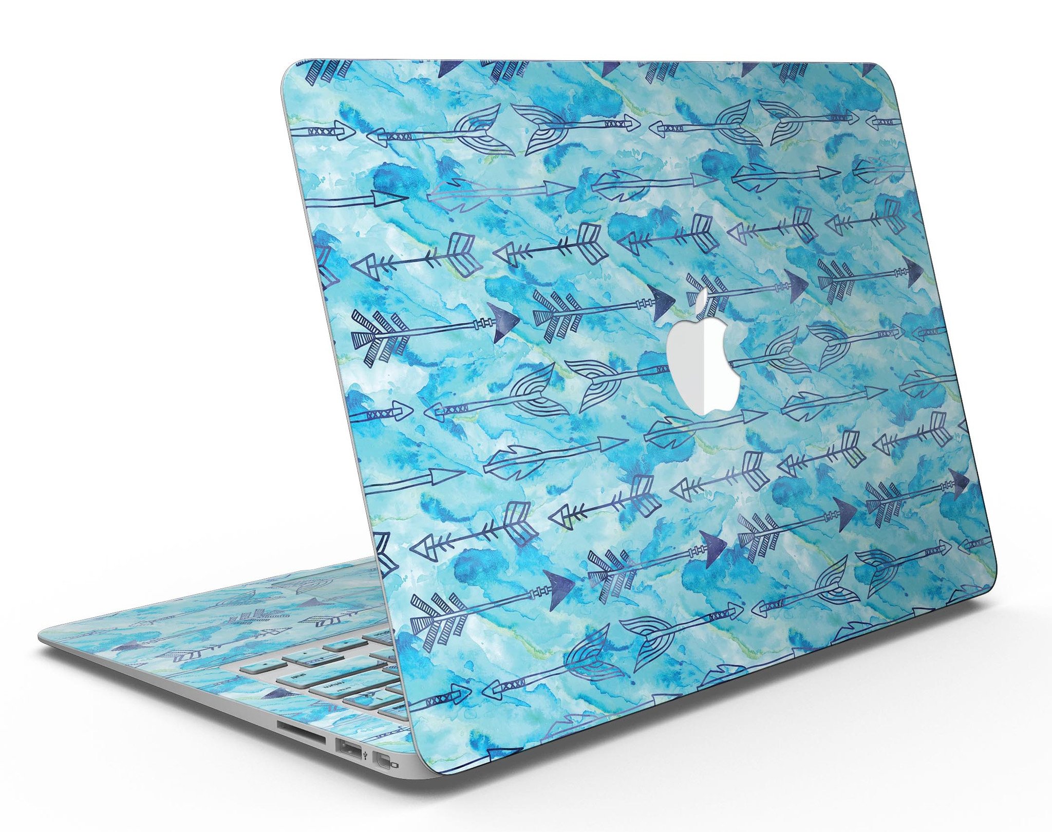 Blue Tribal Arrow Pattern MacBook Air Skin Kit showcasing vibrant tribal design on a sleek vinyl surface.