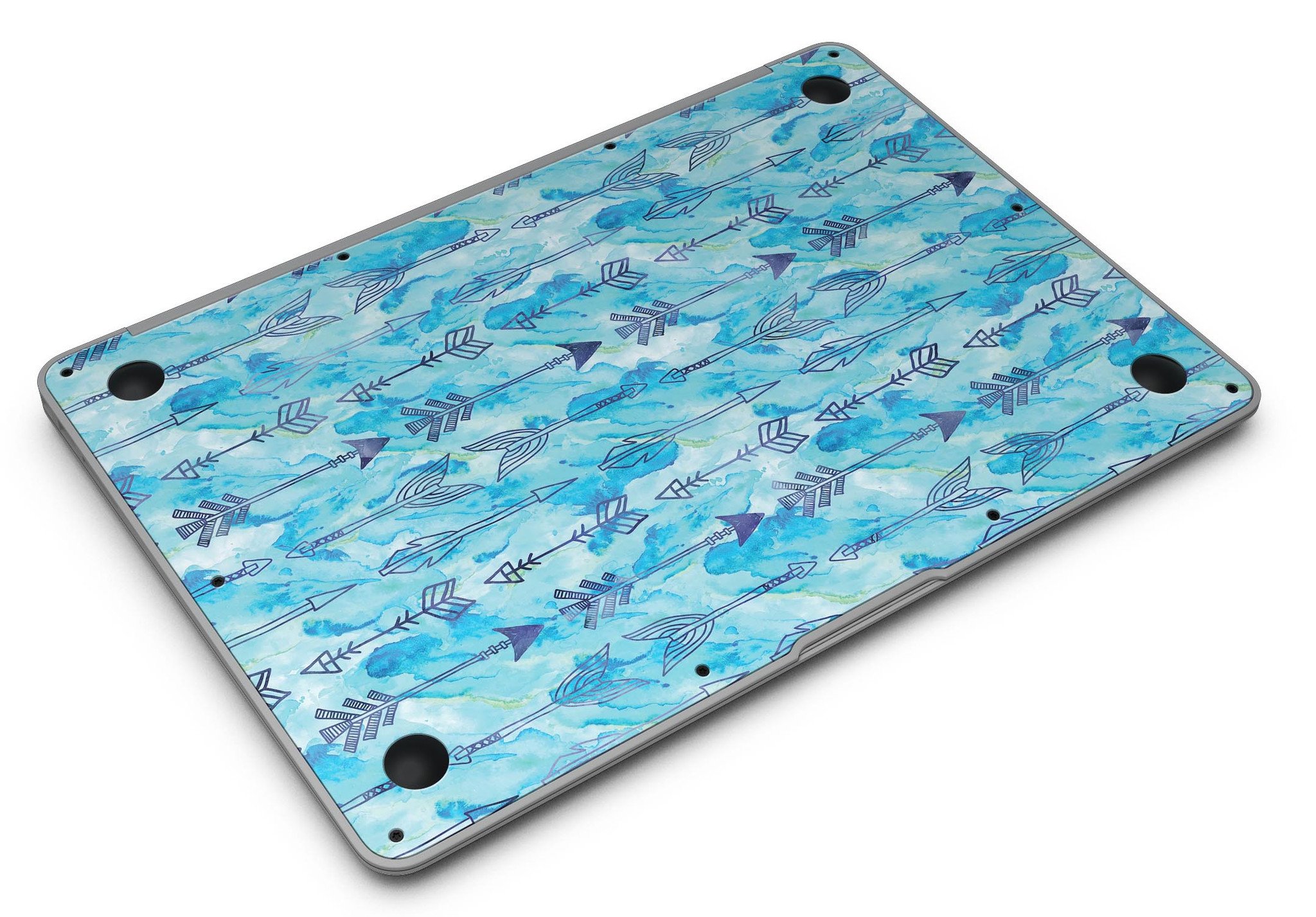 Blue Tribal Arrow Pattern MacBook Air Skin Kit showcasing vibrant tribal design on a sleek vinyl surface.