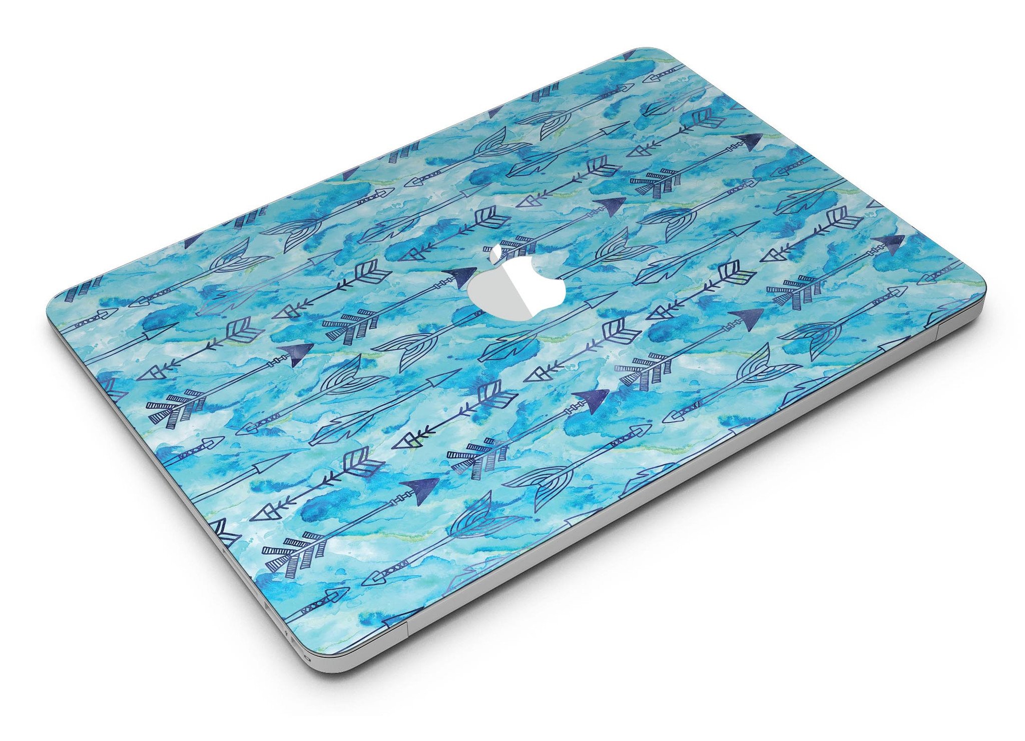 Blue Tribal Arrow Pattern MacBook Air Skin Kit showcasing vibrant tribal design on a sleek vinyl surface.