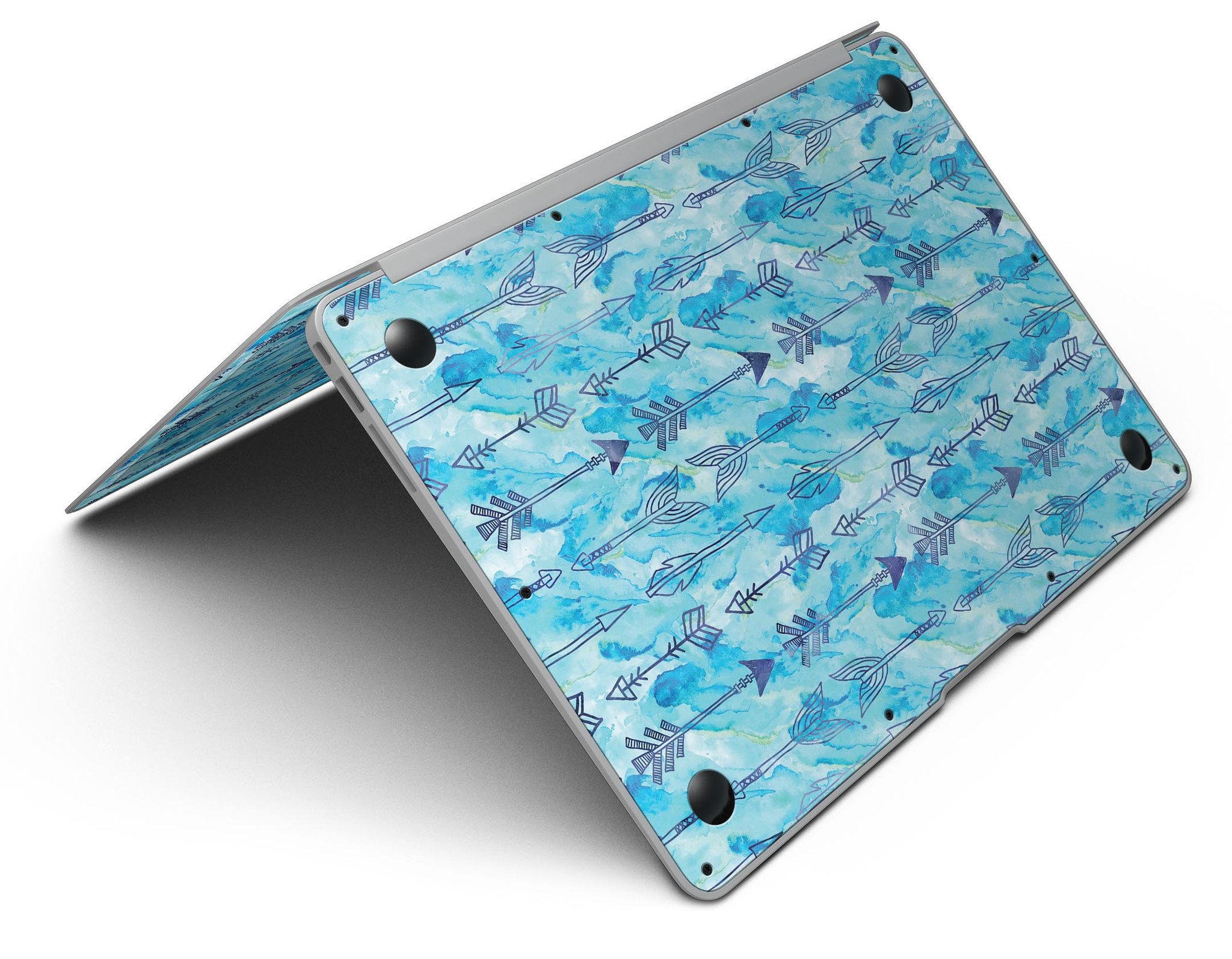 Blue Tribal Arrow Pattern MacBook Air Skin Kit showcasing vibrant tribal design on a sleek vinyl surface.