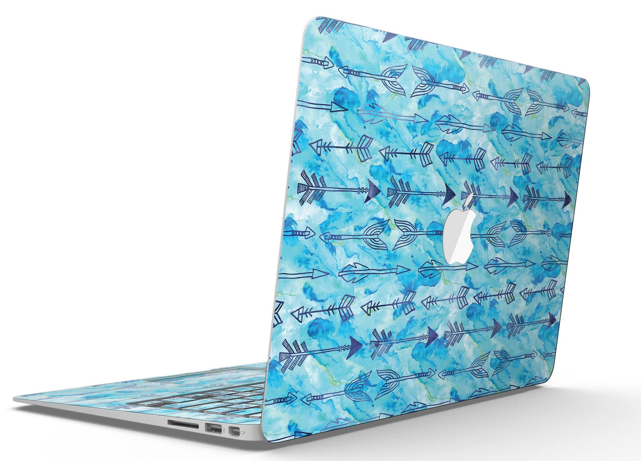 Blue Tribal Arrow Pattern MacBook Air Skin Kit showcasing vibrant tribal design on a sleek vinyl surface.