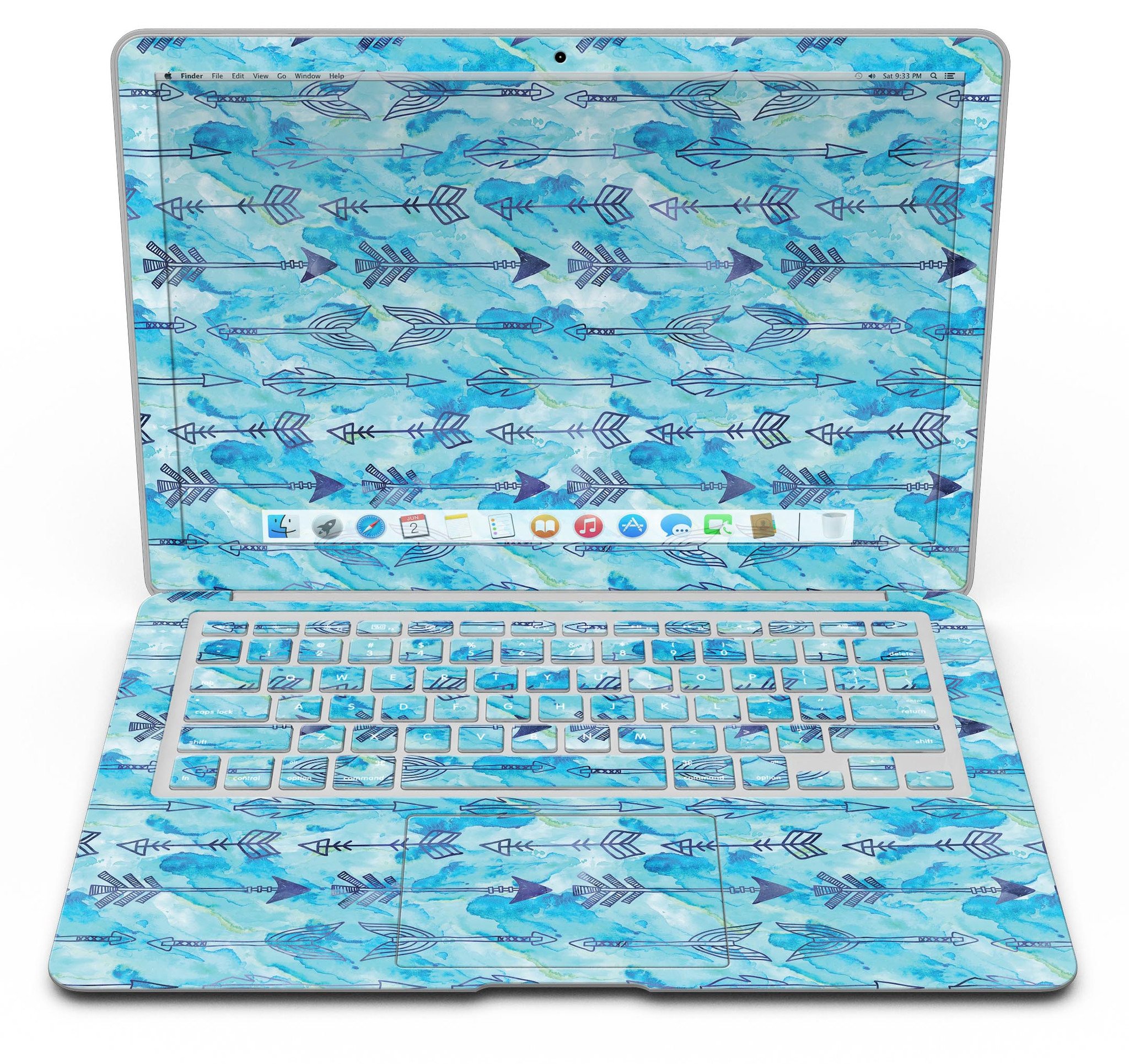 Blue Tribal Arrow Pattern MacBook Air Skin Kit showcasing vibrant tribal design on a sleek vinyl surface.