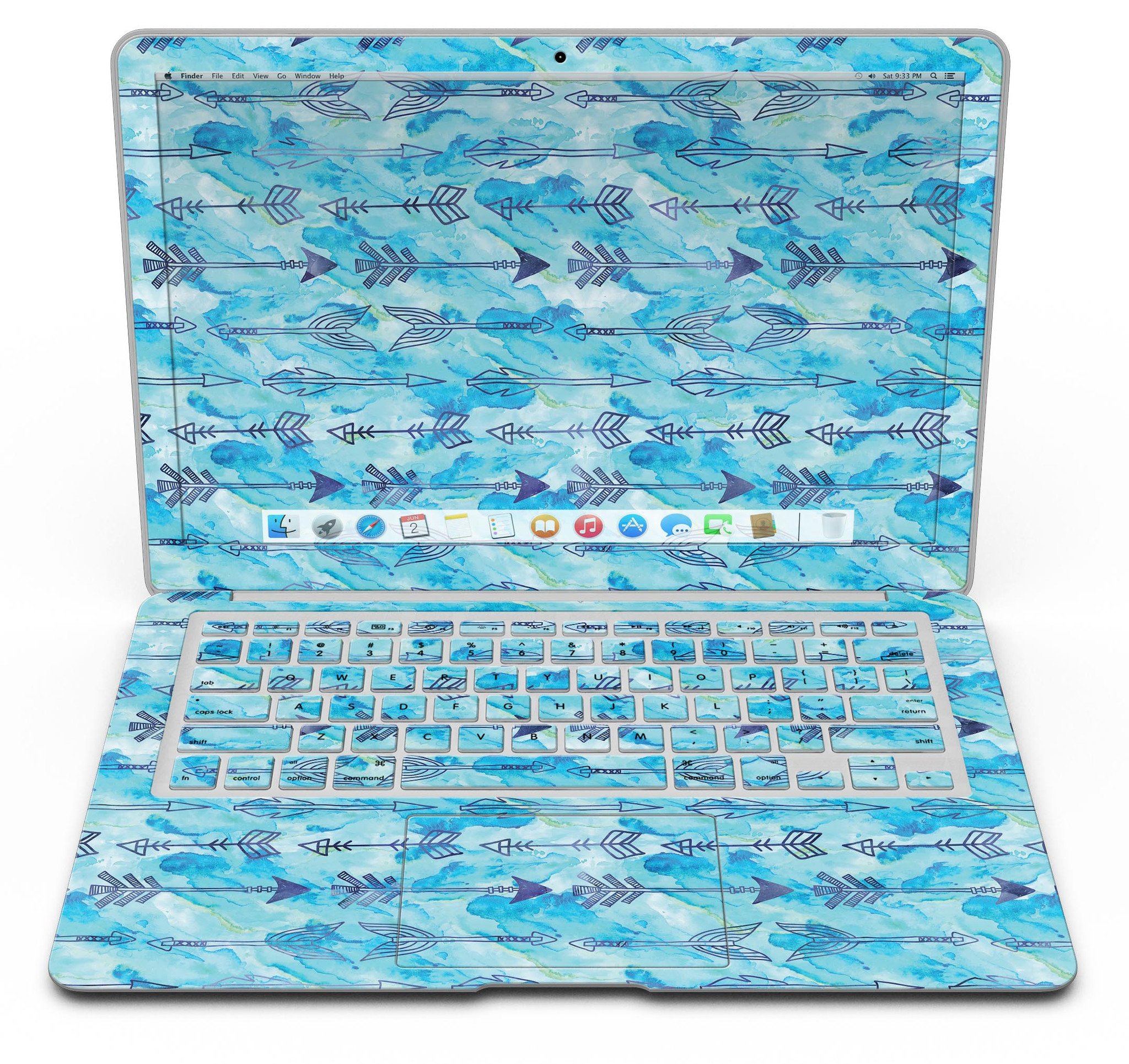 Blue Tribal Arrow Pattern MacBook Air Skin Kit showcasing vibrant tribal design on a sleek vinyl surface.