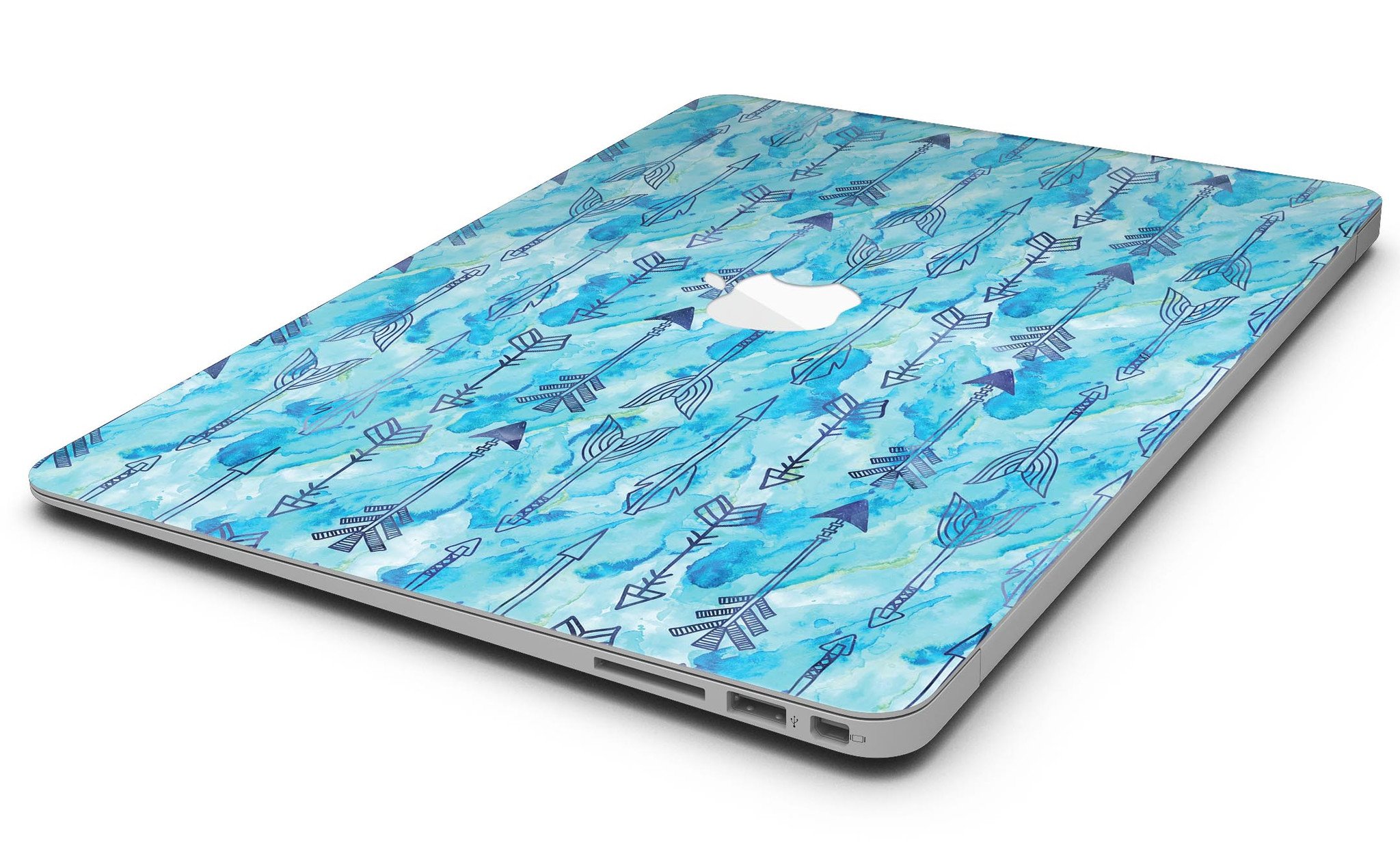 Blue Tribal Arrow Pattern MacBook Air Skin Kit showcasing vibrant tribal design on a sleek vinyl surface.