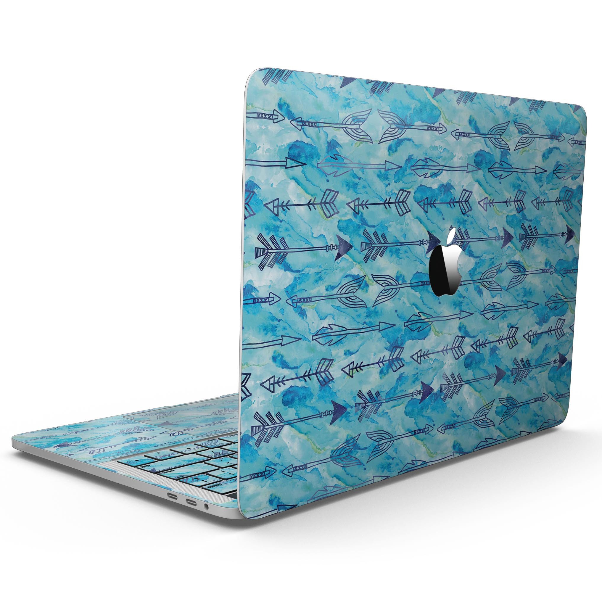 Blue Tribal Arrow Pattern skin for MacBook Pro with Touch Bar, showcasing vibrant tribal design on premium vinyl.