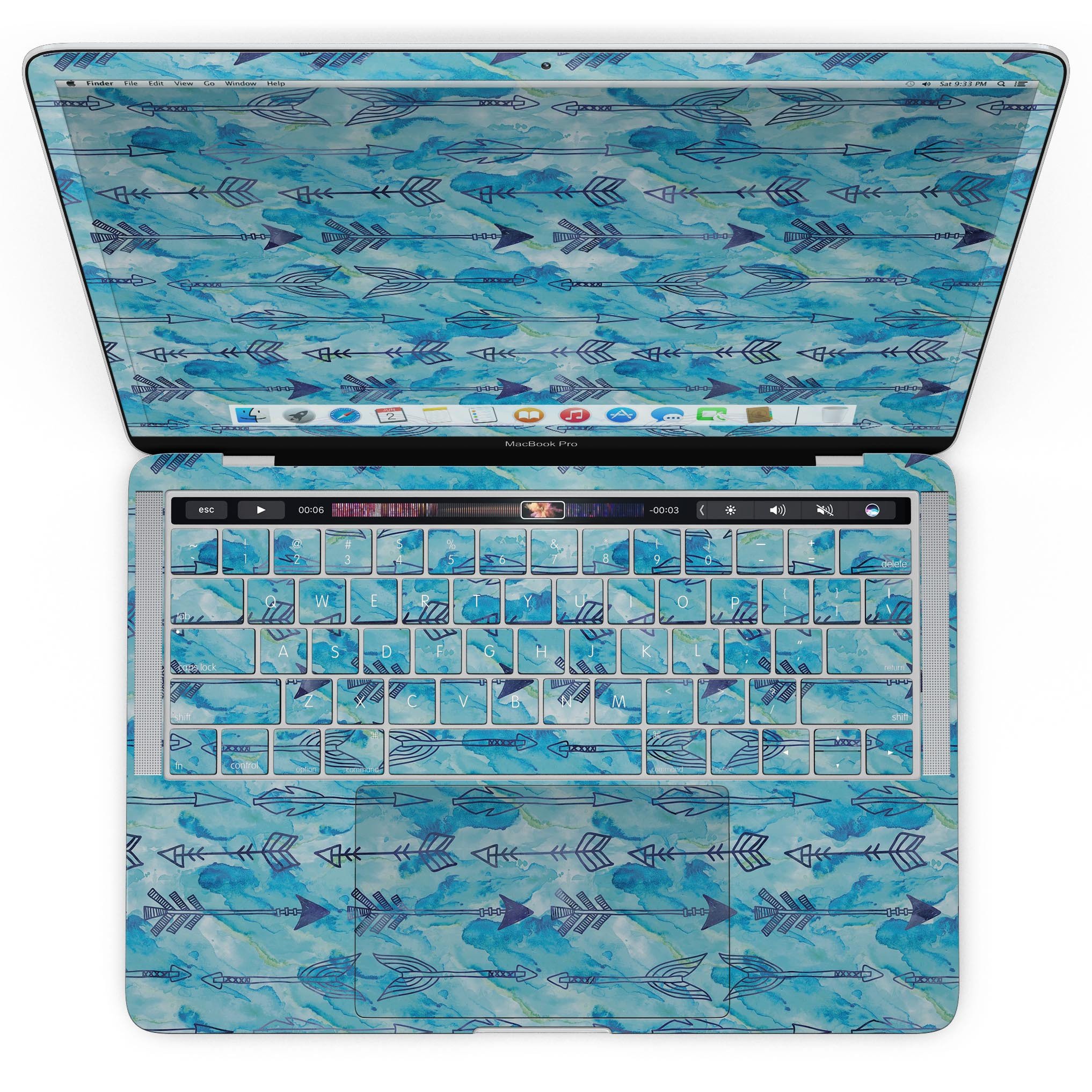 Blue Tribal Arrow Pattern skin for MacBook Pro with Touch Bar, showcasing vibrant tribal design on premium vinyl.