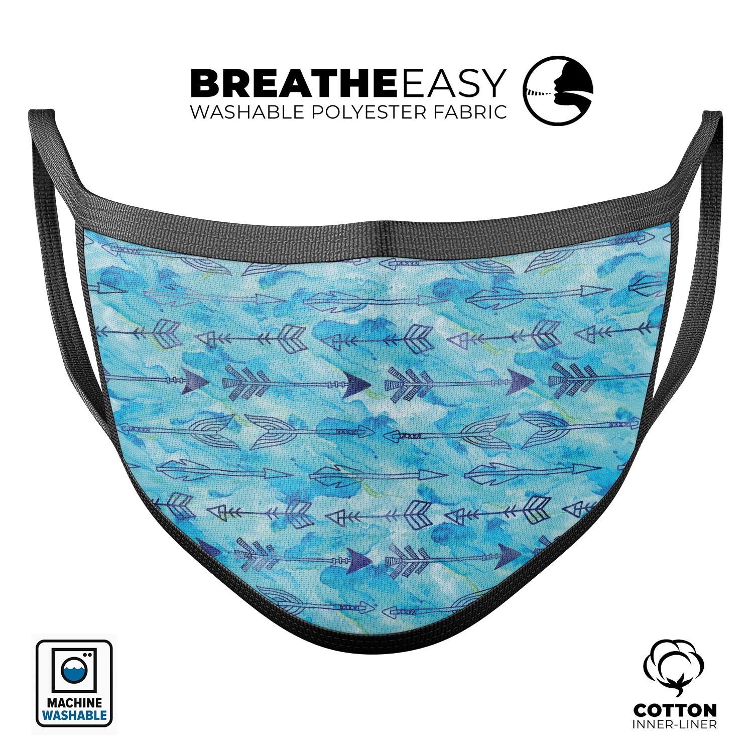 Blue Tribal Arrow Pattern mouth cover, featuring a stylish design and adjustable ear loops for a comfortable fit.