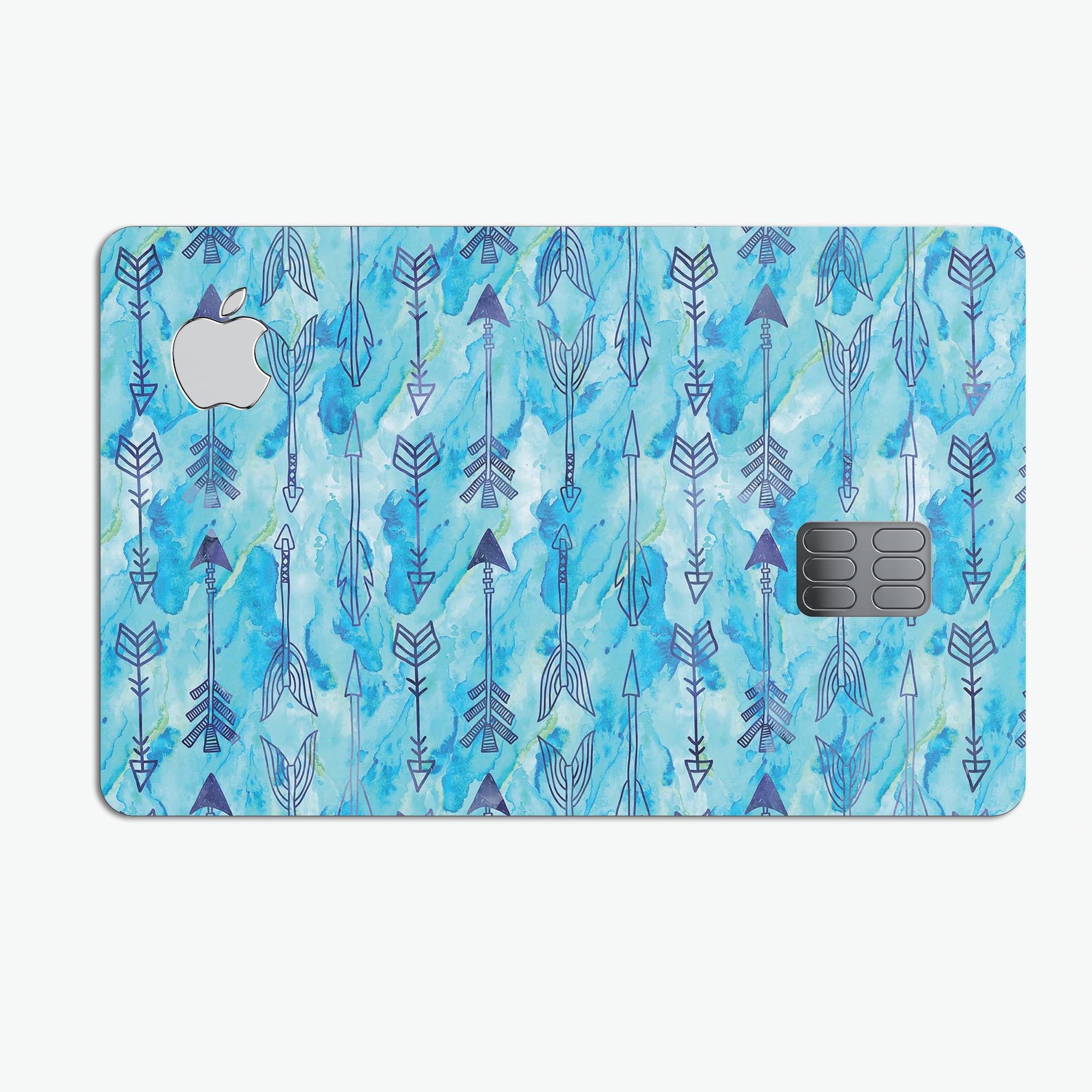 Blue Tribal Arrow Pattern decal skin for Apple Card, showcasing vibrant tribal design and premium vinyl material.