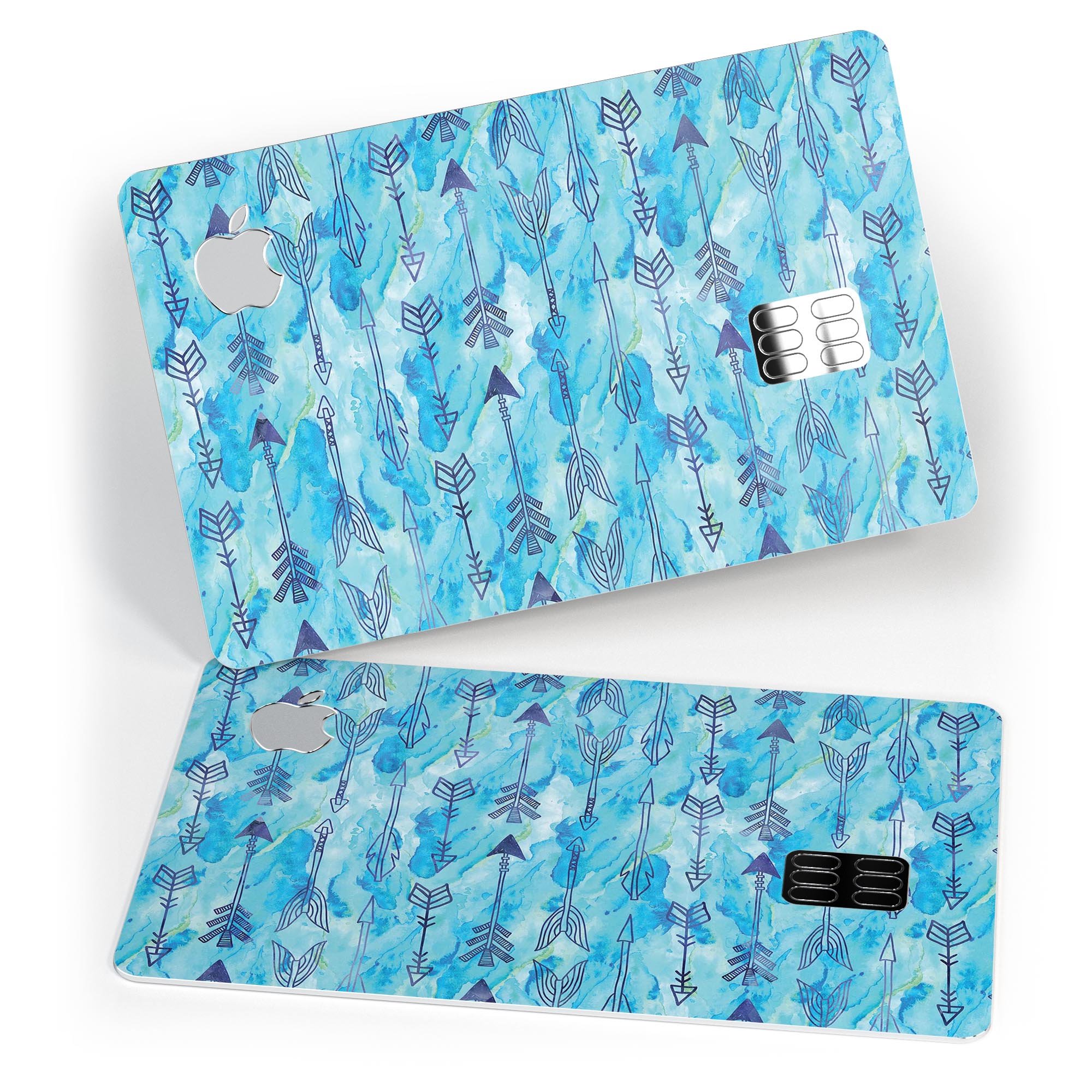 Blue Tribal Arrow Pattern decal skin for Apple Card, showcasing vibrant tribal design and premium vinyl material.