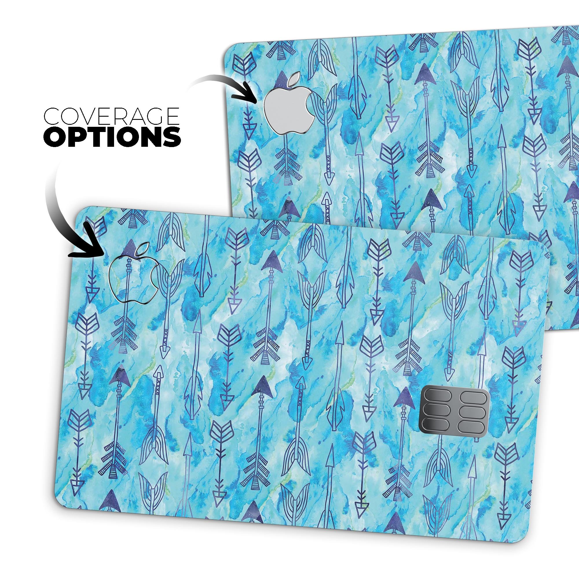 Blue Tribal Arrow Pattern decal skin for Apple Card, showcasing vibrant tribal design and premium vinyl material.