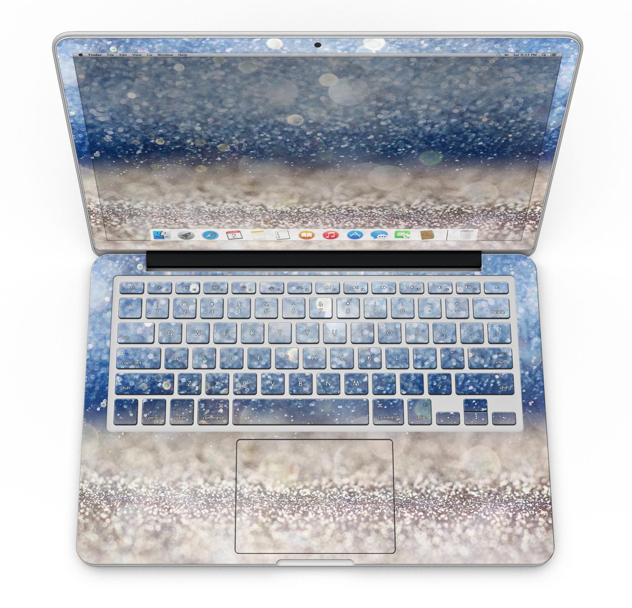 Blue Unfocused Silver Sparkle skin for MacBook Pro with Retina Display, showcasing a stylish design that protects the device.