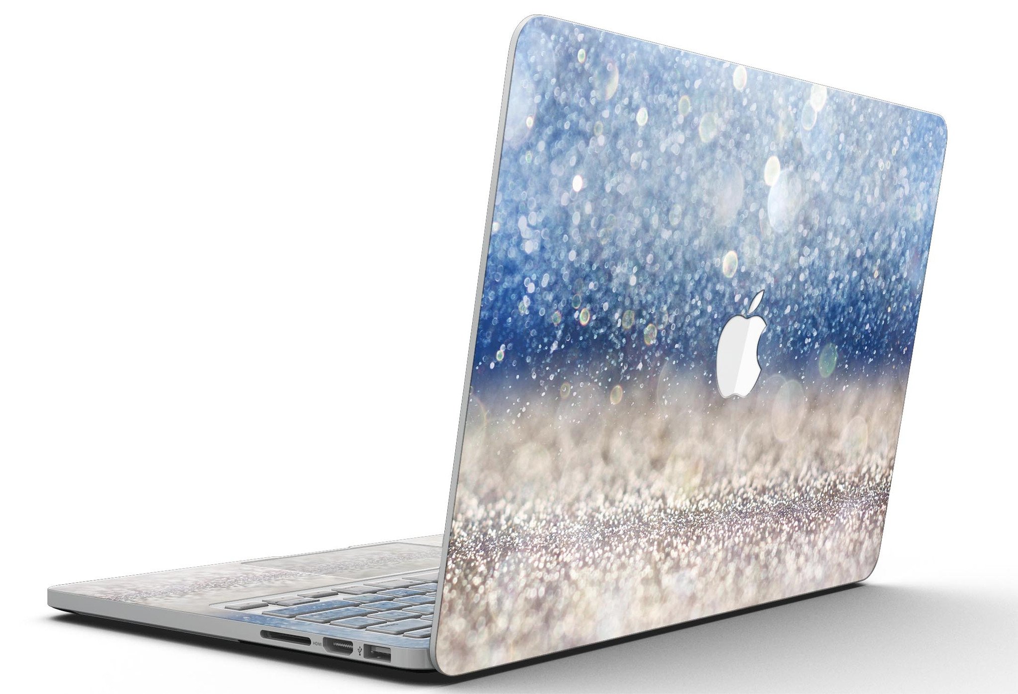 Blue Unfocused Silver Sparkle skin for MacBook Pro with Retina Display, showcasing a stylish design that protects the device.