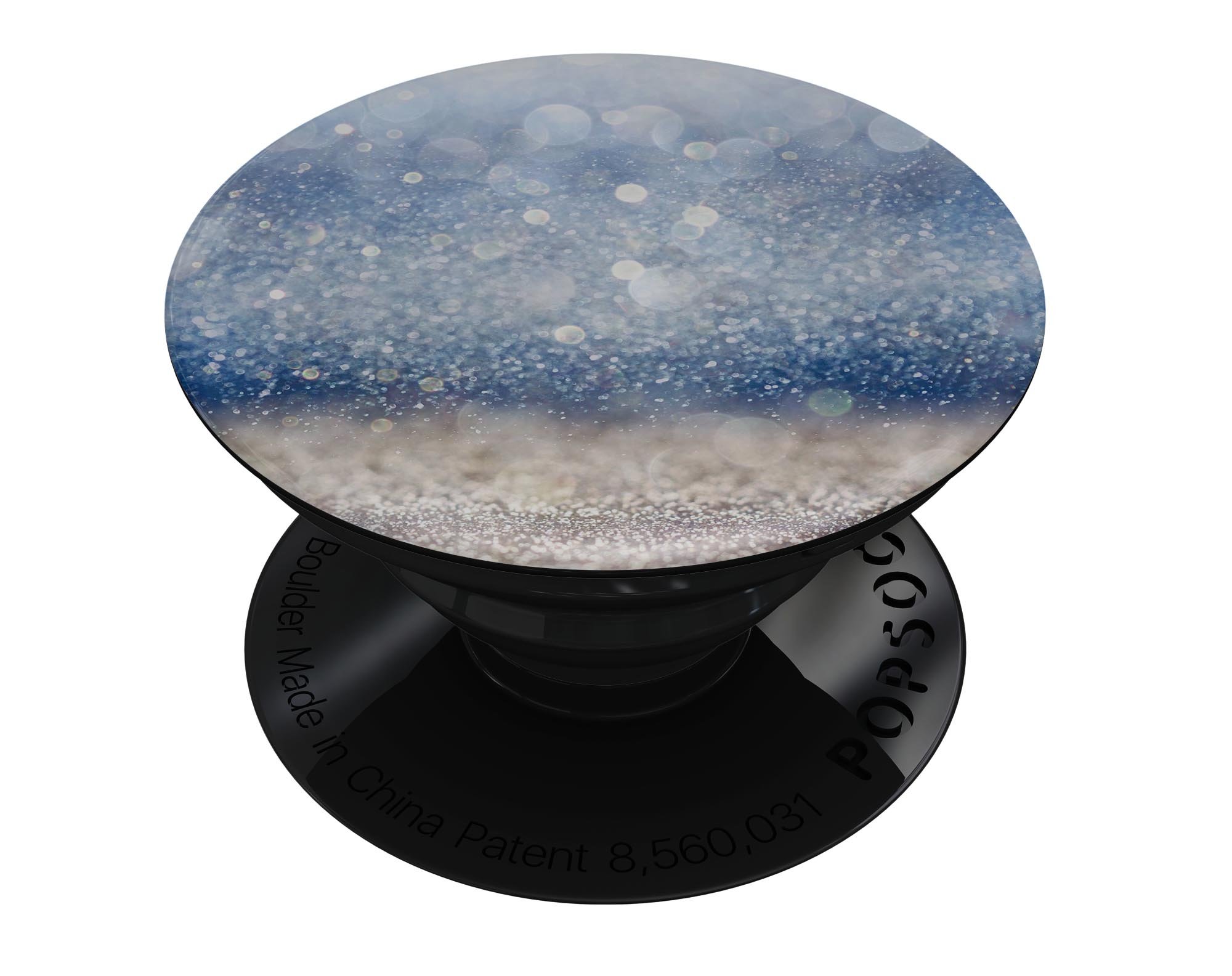 Blue Unfocused Silver Sparkle Skin Kit for PopSockets, showcasing a vibrant blue and silver sparkle design on a smartphone grip.