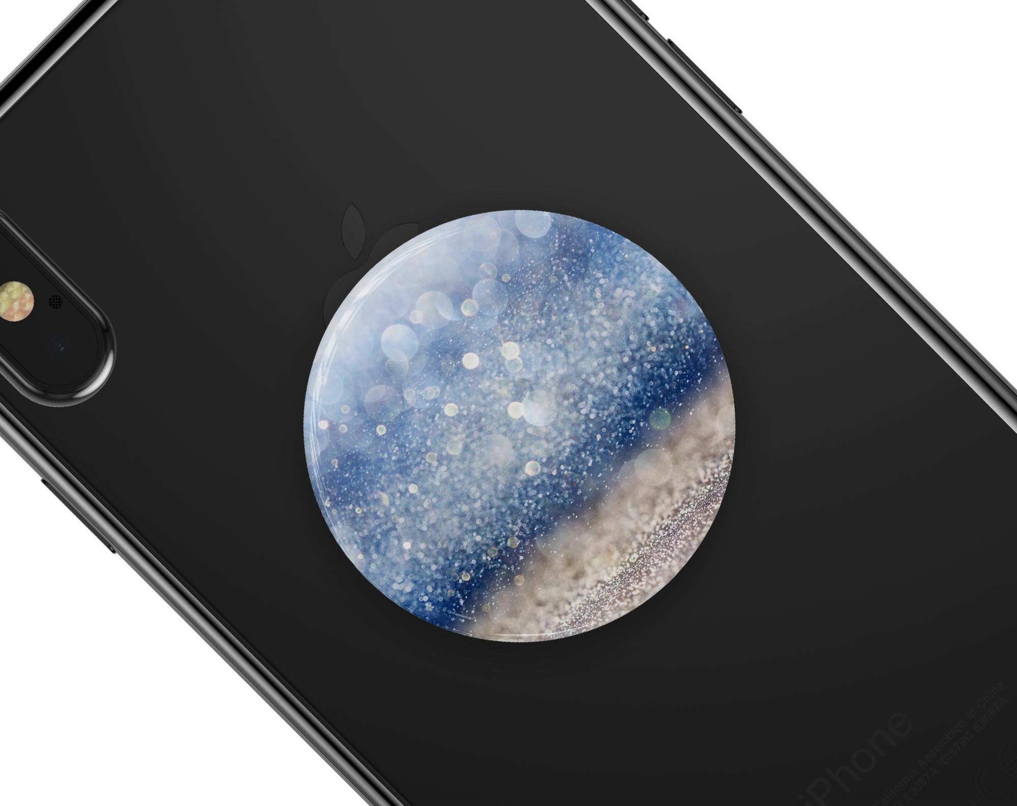 Blue Unfocused Silver Sparkle Skin Kit for PopSockets, showcasing a vibrant blue and silver sparkle design on a smartphone grip.