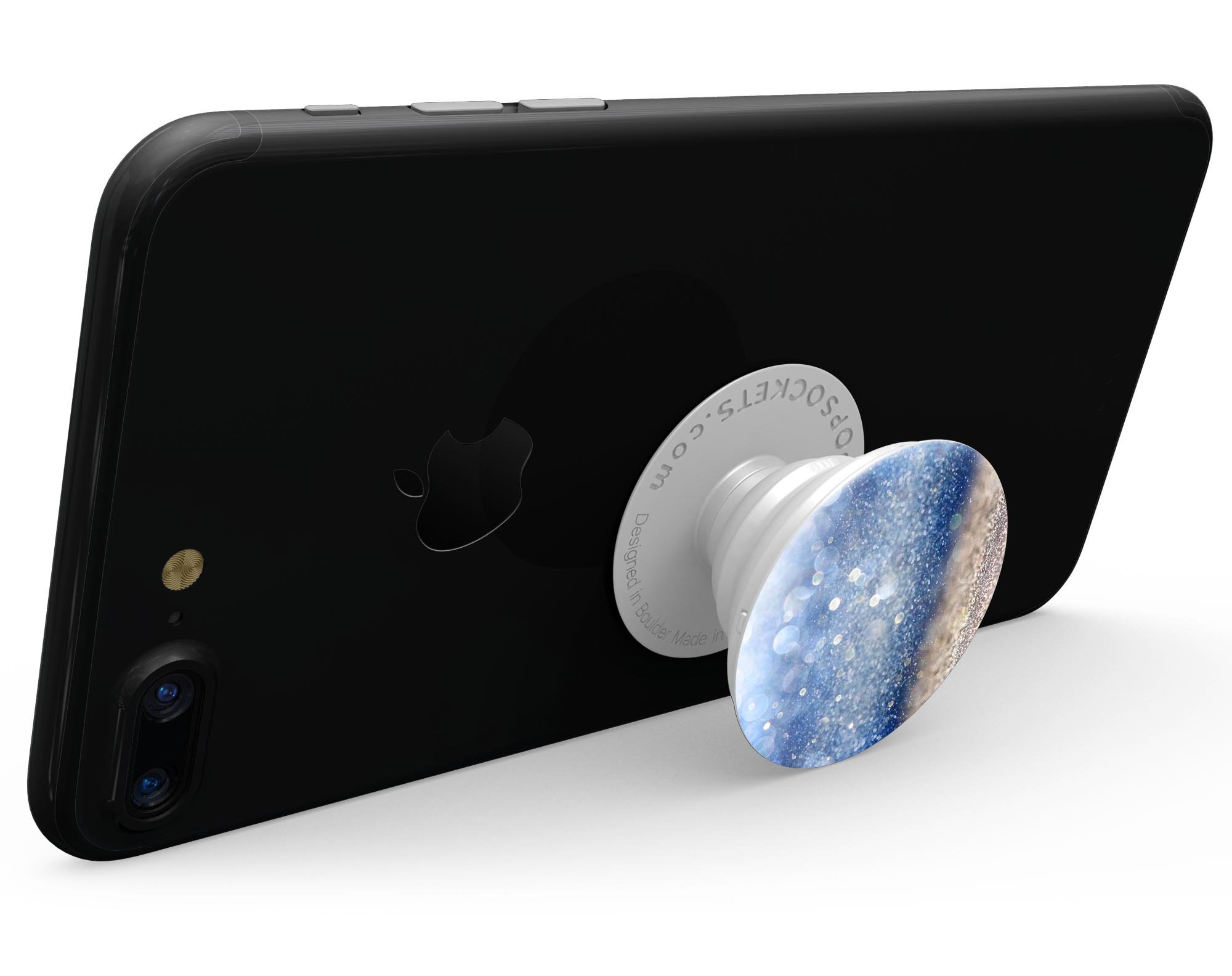 Blue Unfocused Silver Sparkle Skin Kit for PopSockets, showcasing a vibrant blue and silver sparkle design on a smartphone grip.