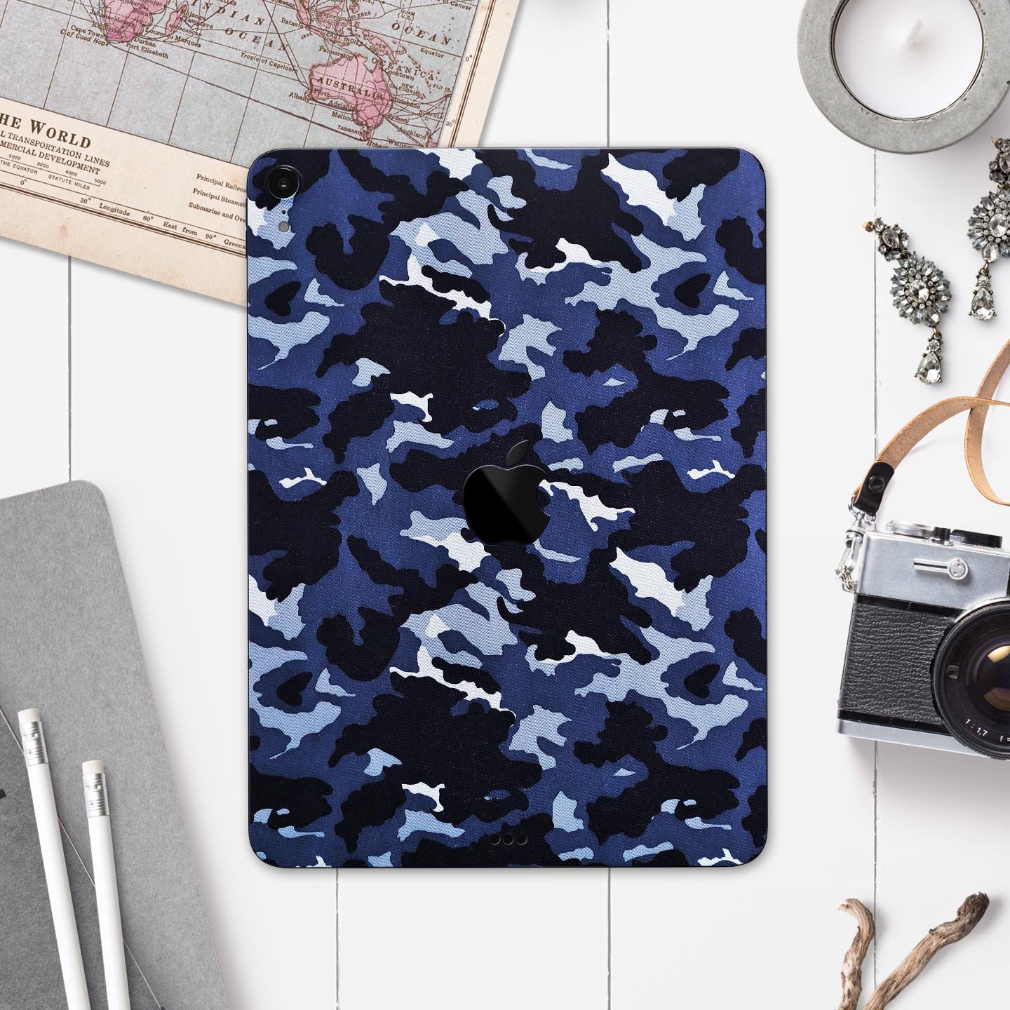 Blue Vector Camo full body skin decal for Apple iPad Pro 12.9", showcasing a stylish camo design with premium finish.