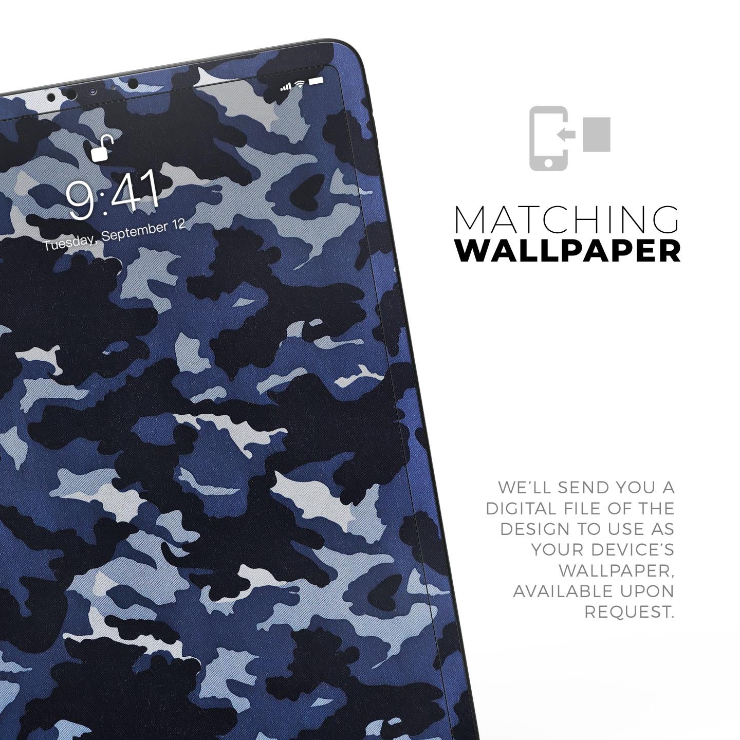 Blue Vector Camo full body skin decal for Apple iPad Pro 12.9", showcasing a stylish camo design with premium finish.