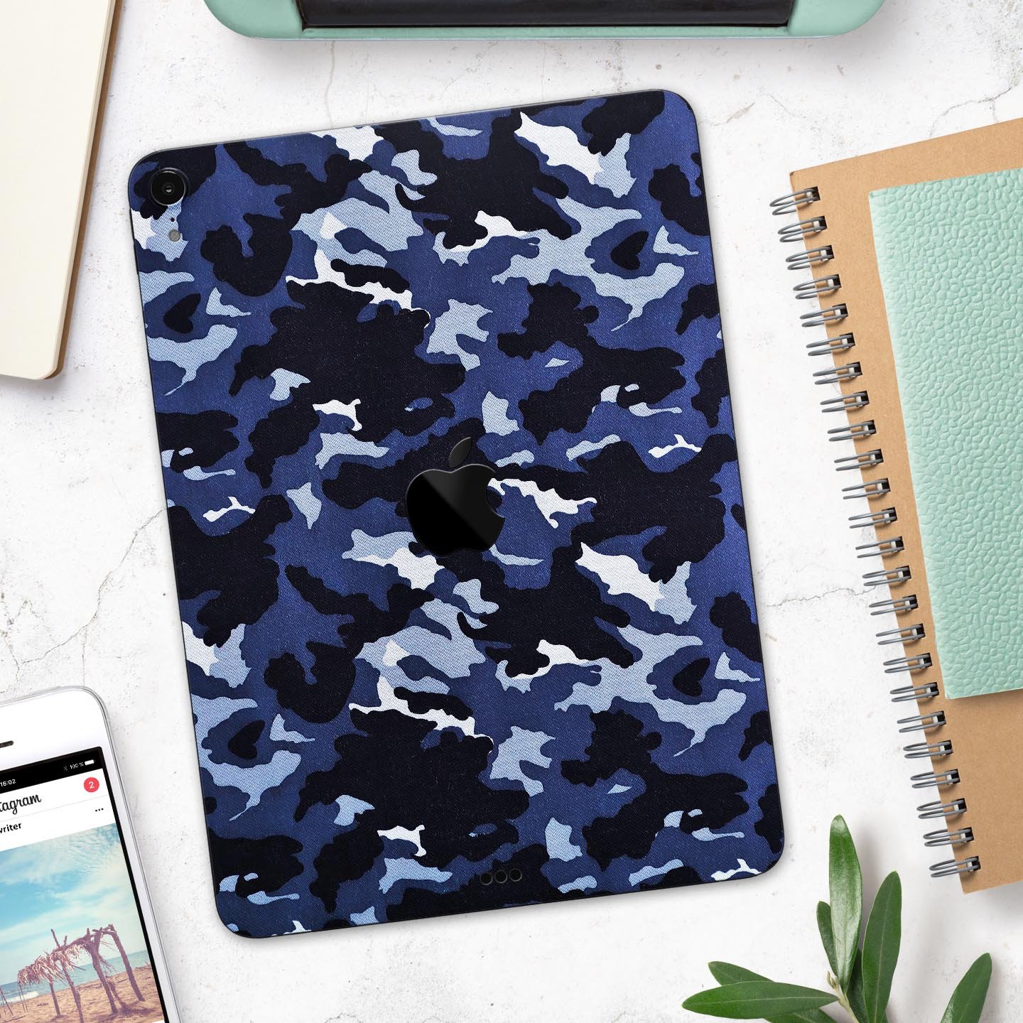 Blue Vector Camo full body skin decal for Apple iPad Pro 12.9", showcasing a stylish camo design with premium finish.