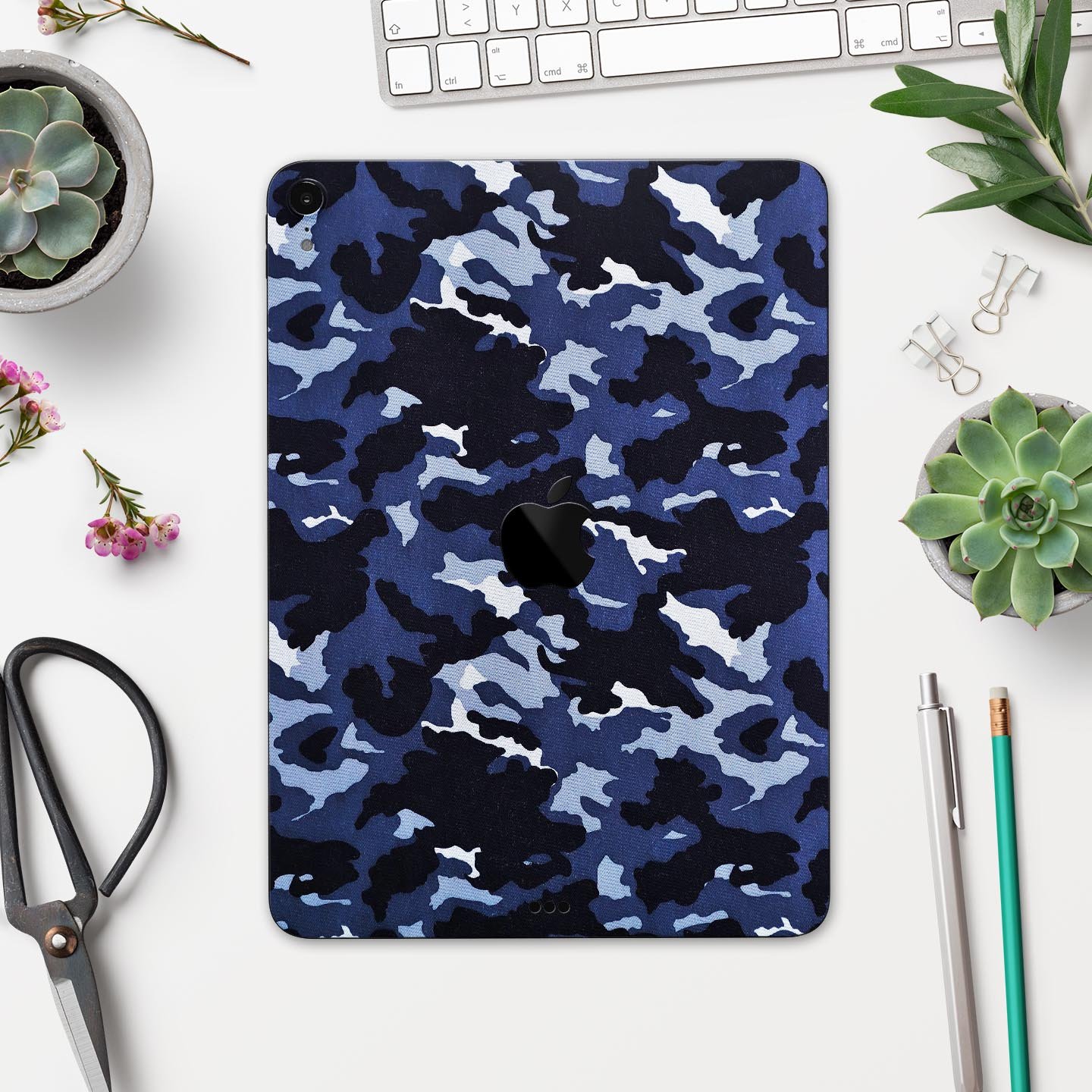 Blue Vector Camo full body skin decal for Apple iPad Pro 12.9", showcasing a stylish camo design with premium finish.