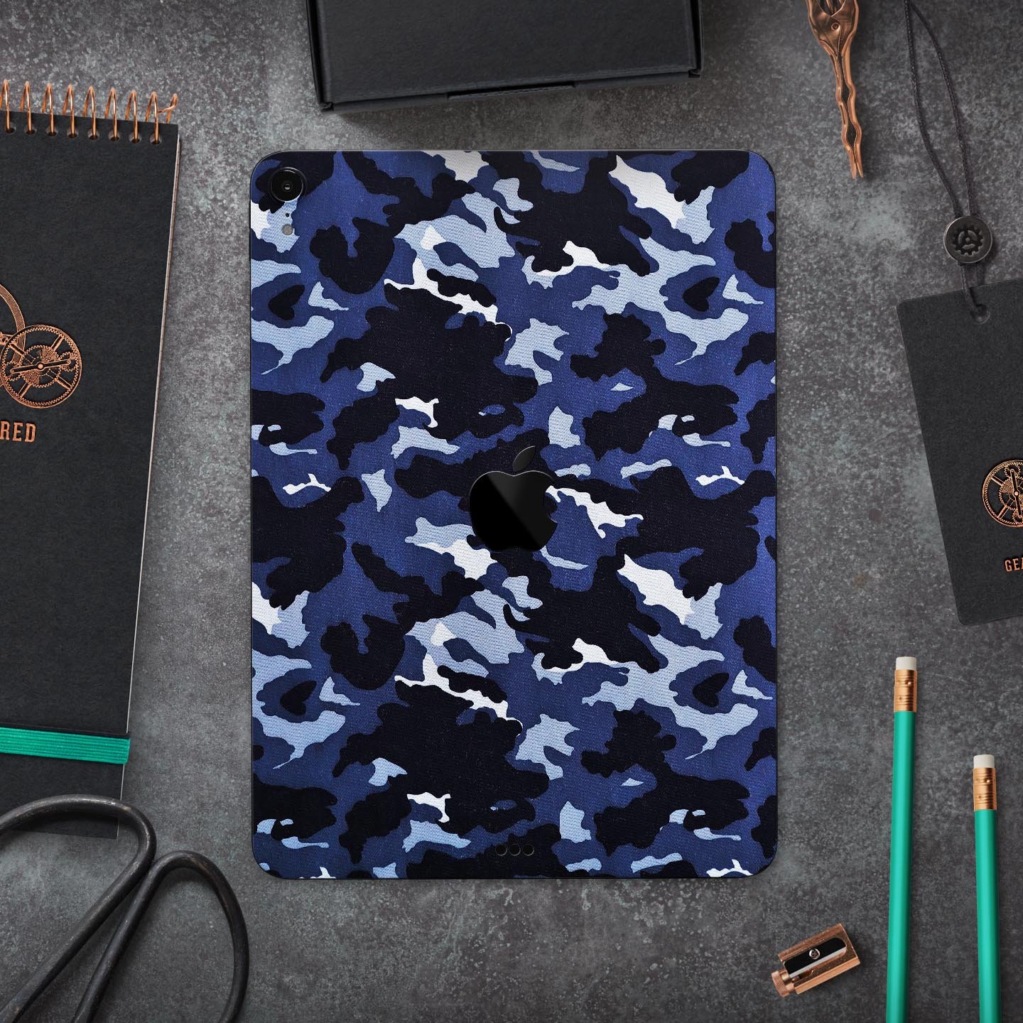 Blue Vector Camo full body skin decal for Apple iPad Pro 12.9", showcasing a stylish camo design with premium finish.