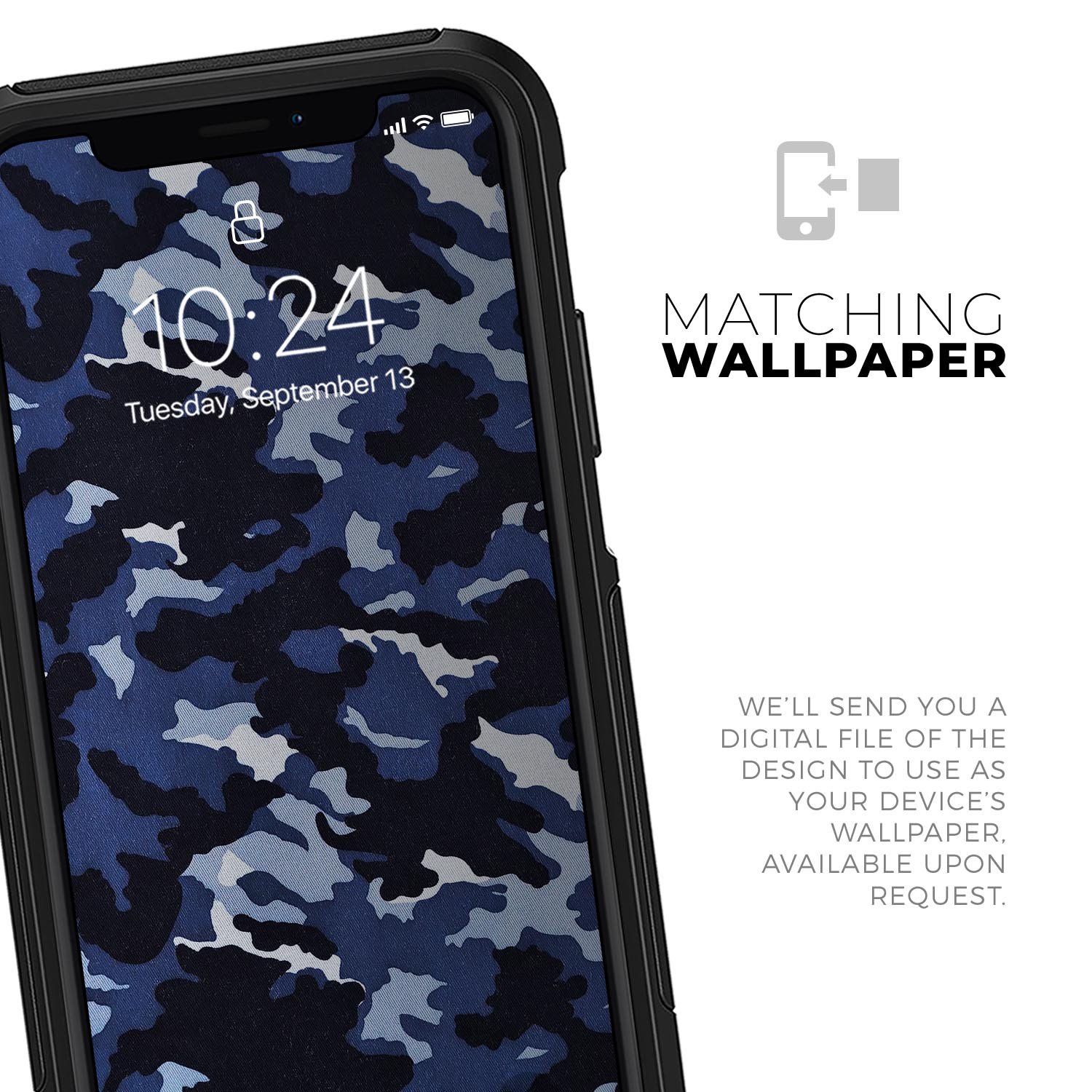 Blue Vector Camo Skin Kit designed for iPhone OtterBox Cases, showcasing a stylish camo pattern with a sleek finish.