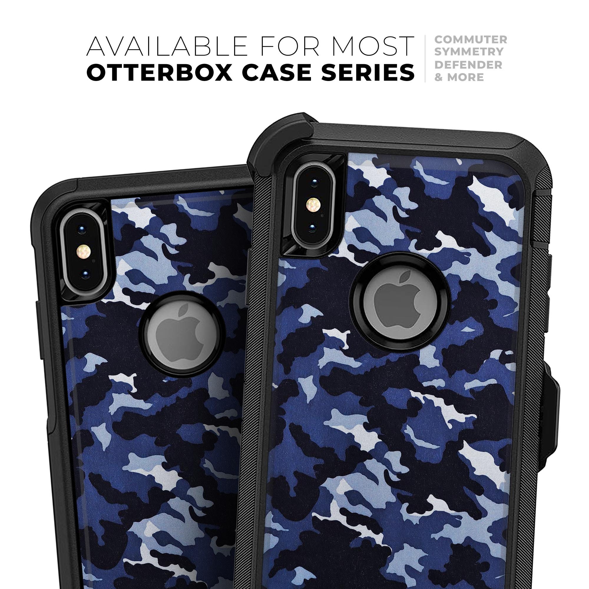 Blue Vector Camo Skin Kit designed for iPhone OtterBox Cases, showcasing a stylish camo pattern with a sleek finish.