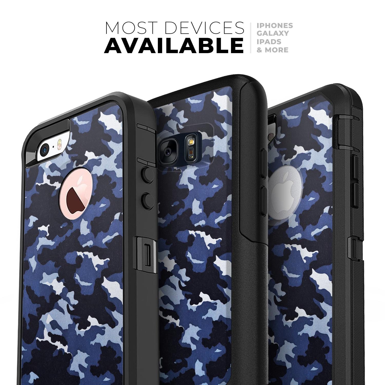 Blue Vector Camo Skin Kit designed for iPhone OtterBox Cases, showcasing a stylish camo pattern with a sleek finish.