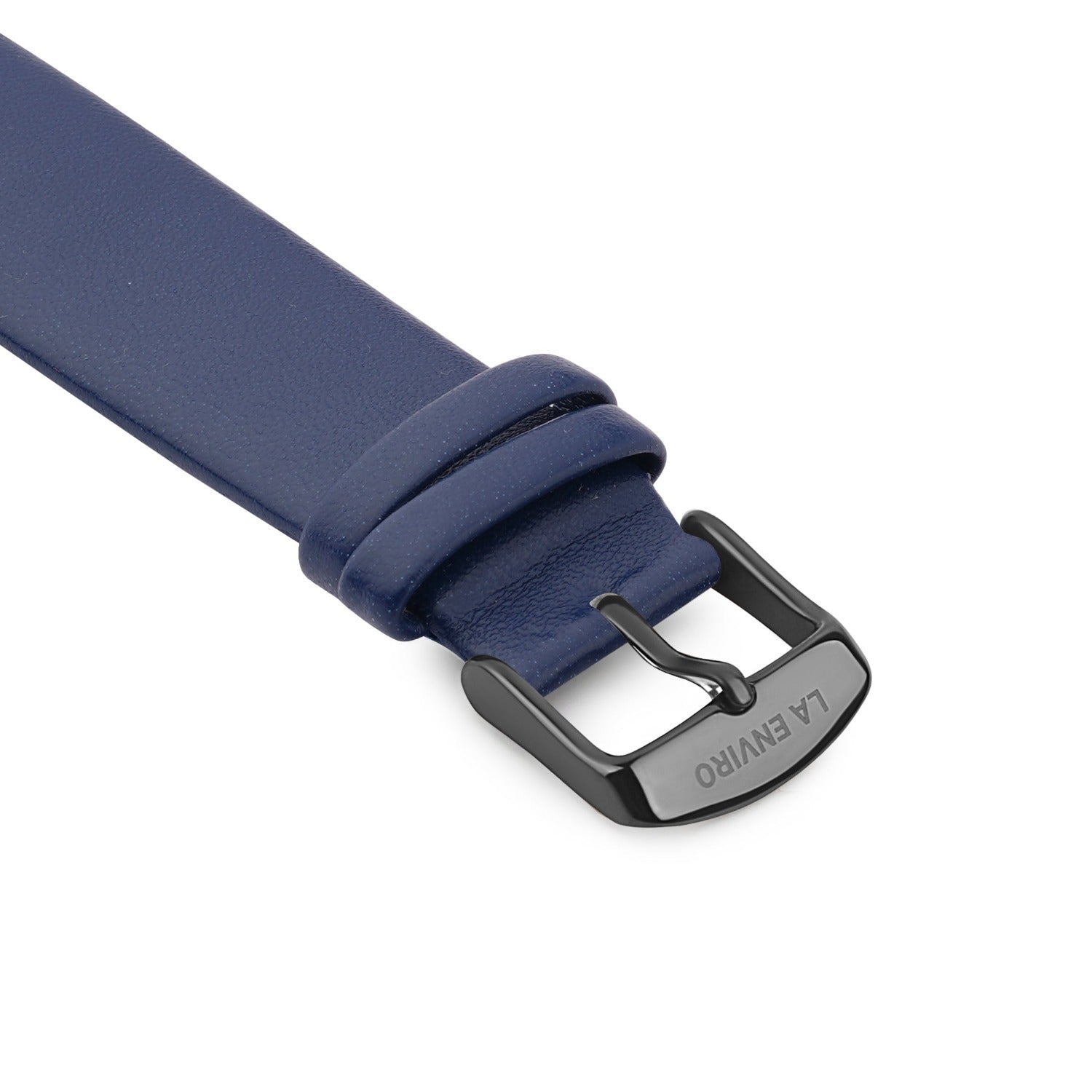 Blue Vegan Leather Unstitched Strap with stainless steel buckle, showcasing its soft texture and quick release pin feature.