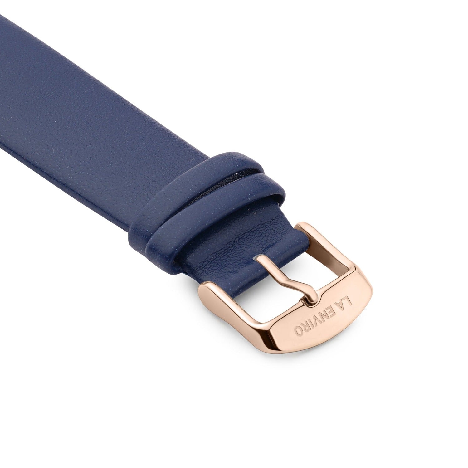 Blue Vegan Leather Unstitched Strap with stainless steel buckle, showcasing its soft texture and quick release pin feature.