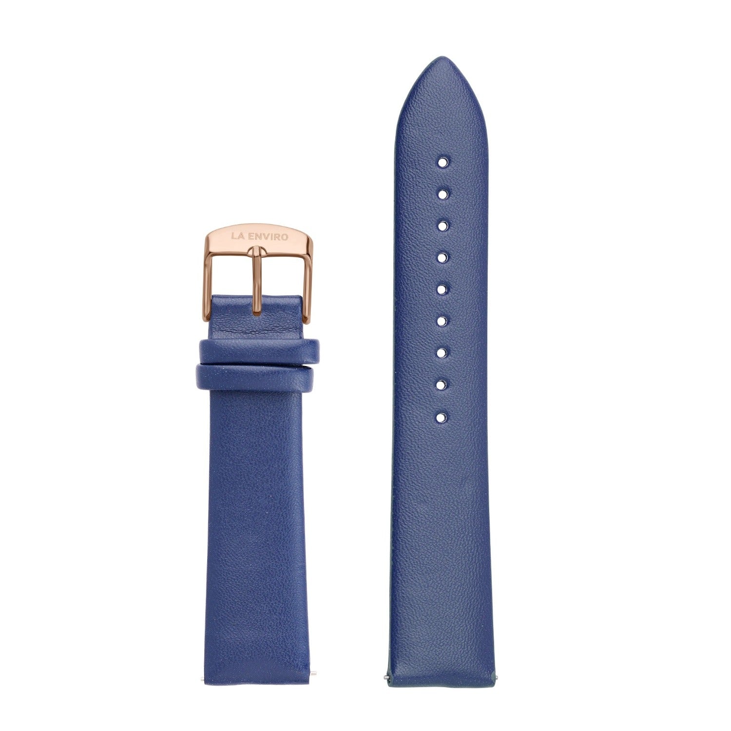 Blue Vegan Leather Unstitched Strap with stainless steel buckle, showcasing its soft texture and quick release pin feature.